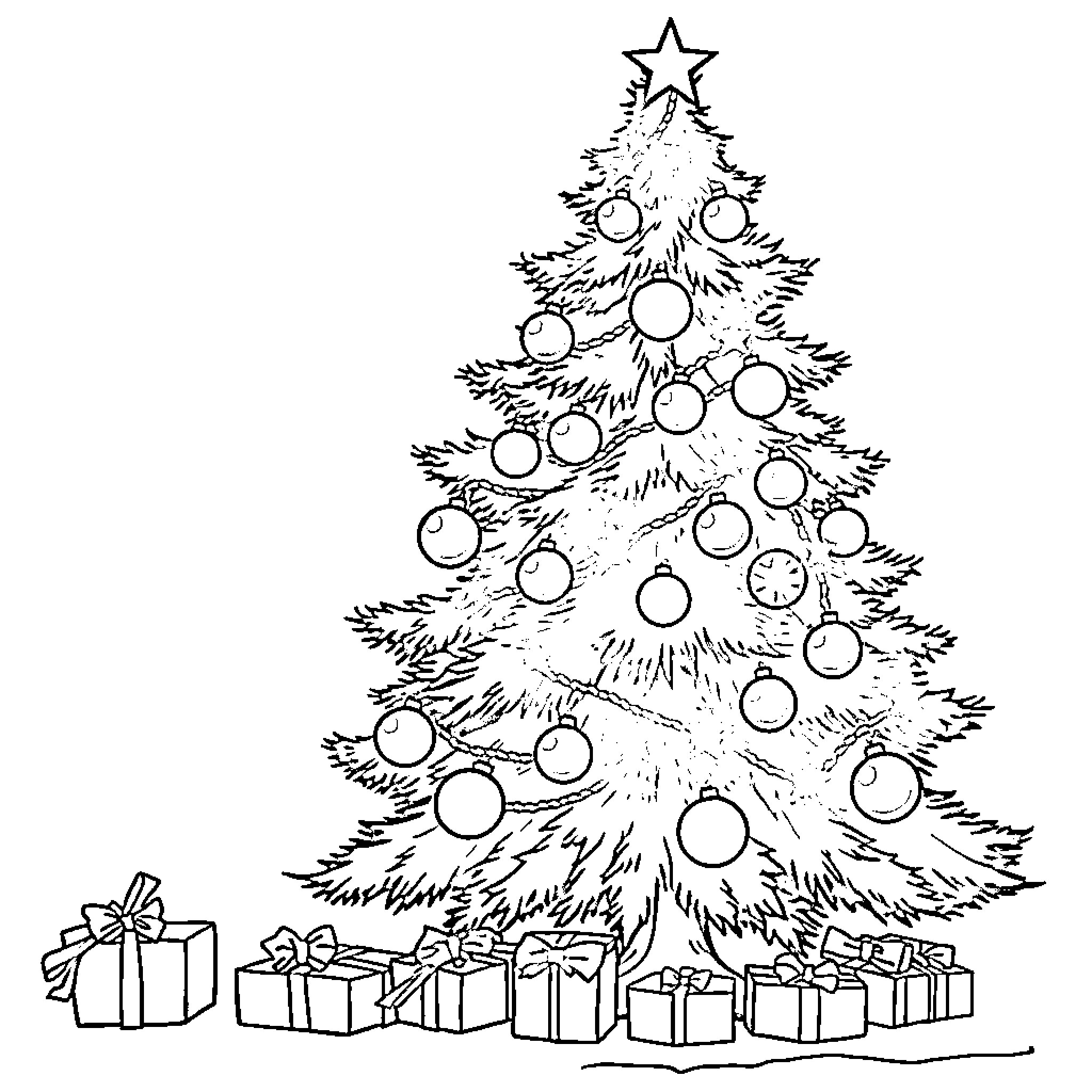 Christmas Tree with Ornaments and Presents Coloring Page (free black-and-white line drawing printable PDF for all, from beginners to advanced learners, including children, teens, adults, and seniors)