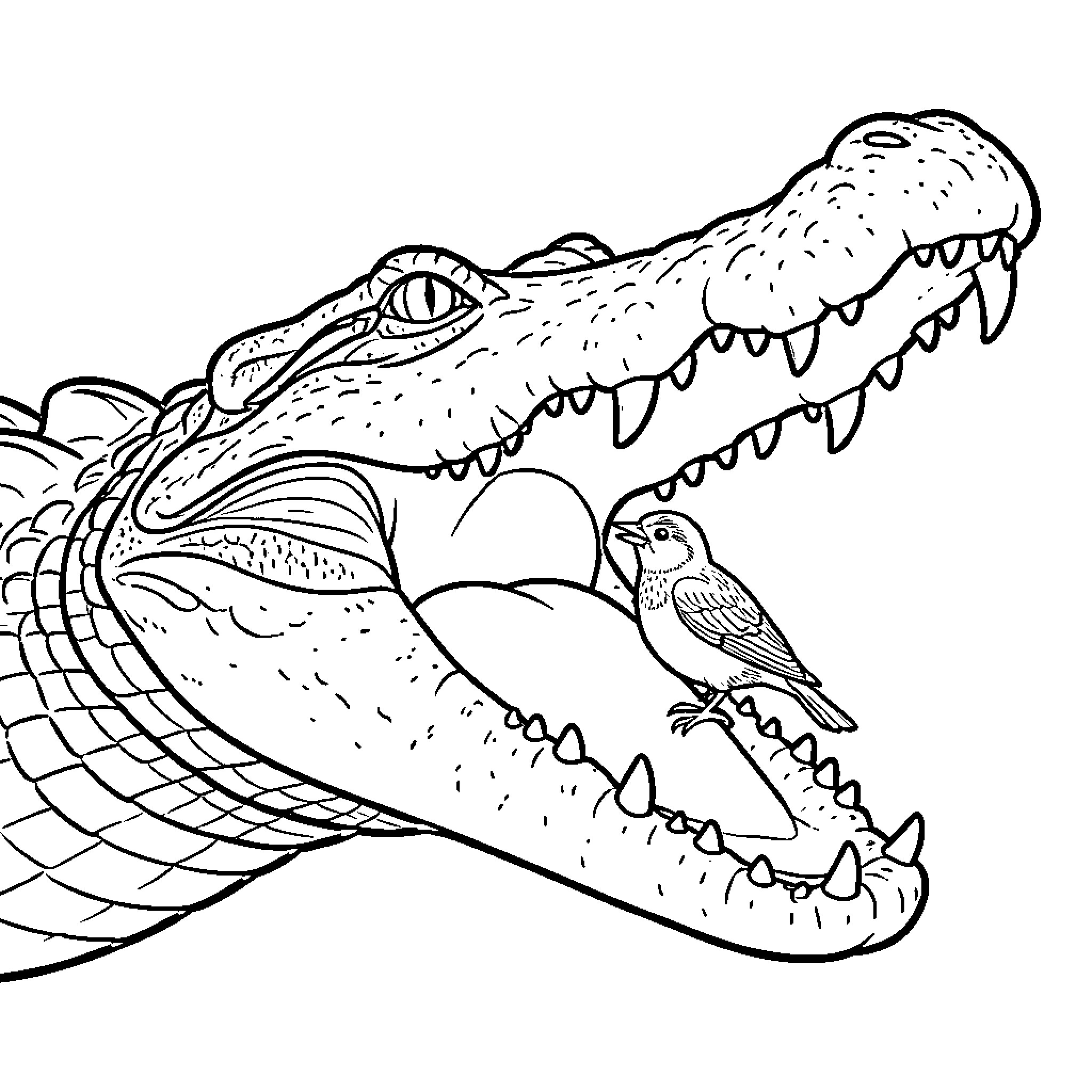 Crocodile with an open mouth and a small bird Coloring Page (free black-and-white line drawing printable PDF for all, from beginners to advanced learners, including children, teens, adults, and seniors)