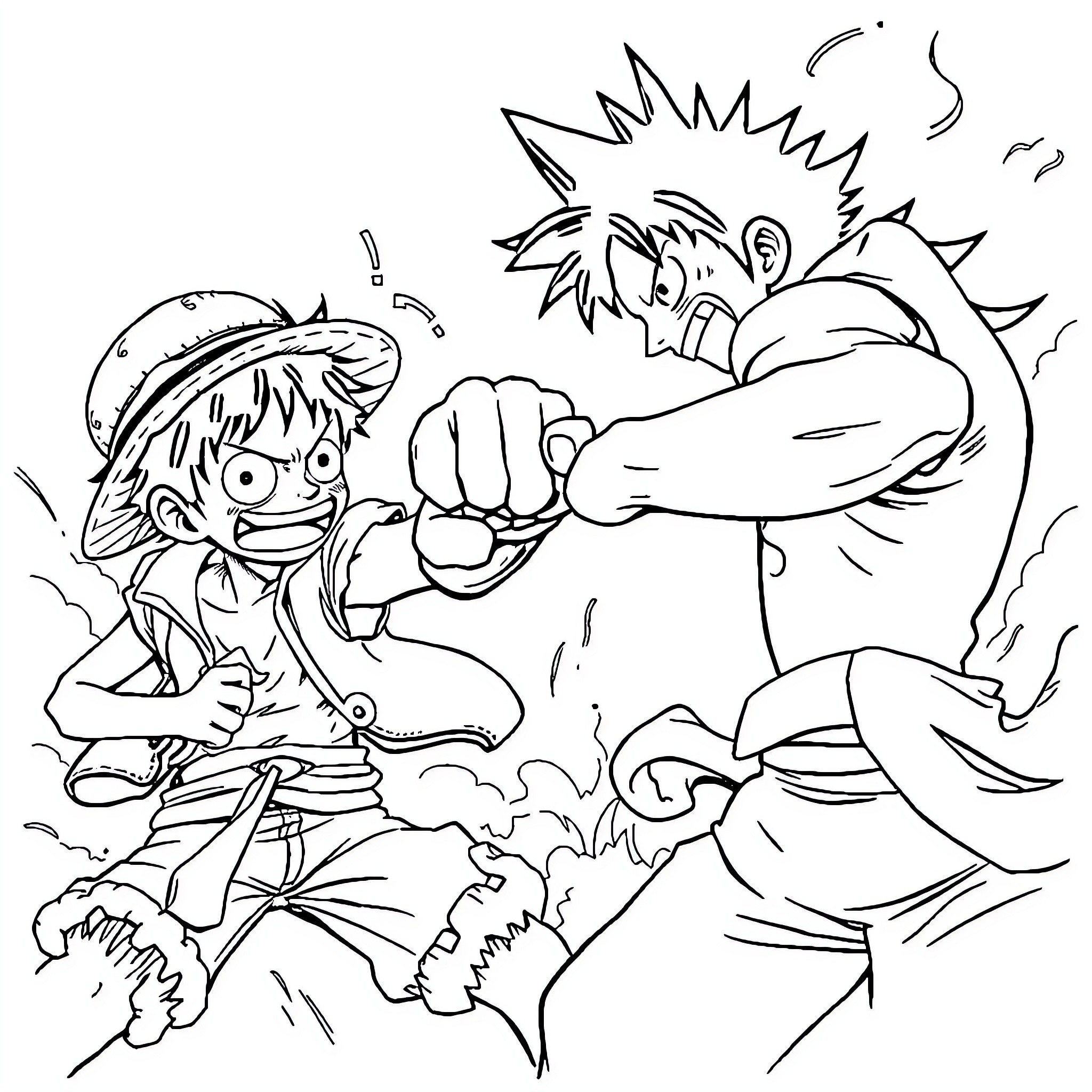 Luffy Engaged in Energetic Combat with Opponent Coloring Page (free black-and-white line drawing printable PDF for all, from beginners to advanced learners, including children, teens, adults, and seniors)