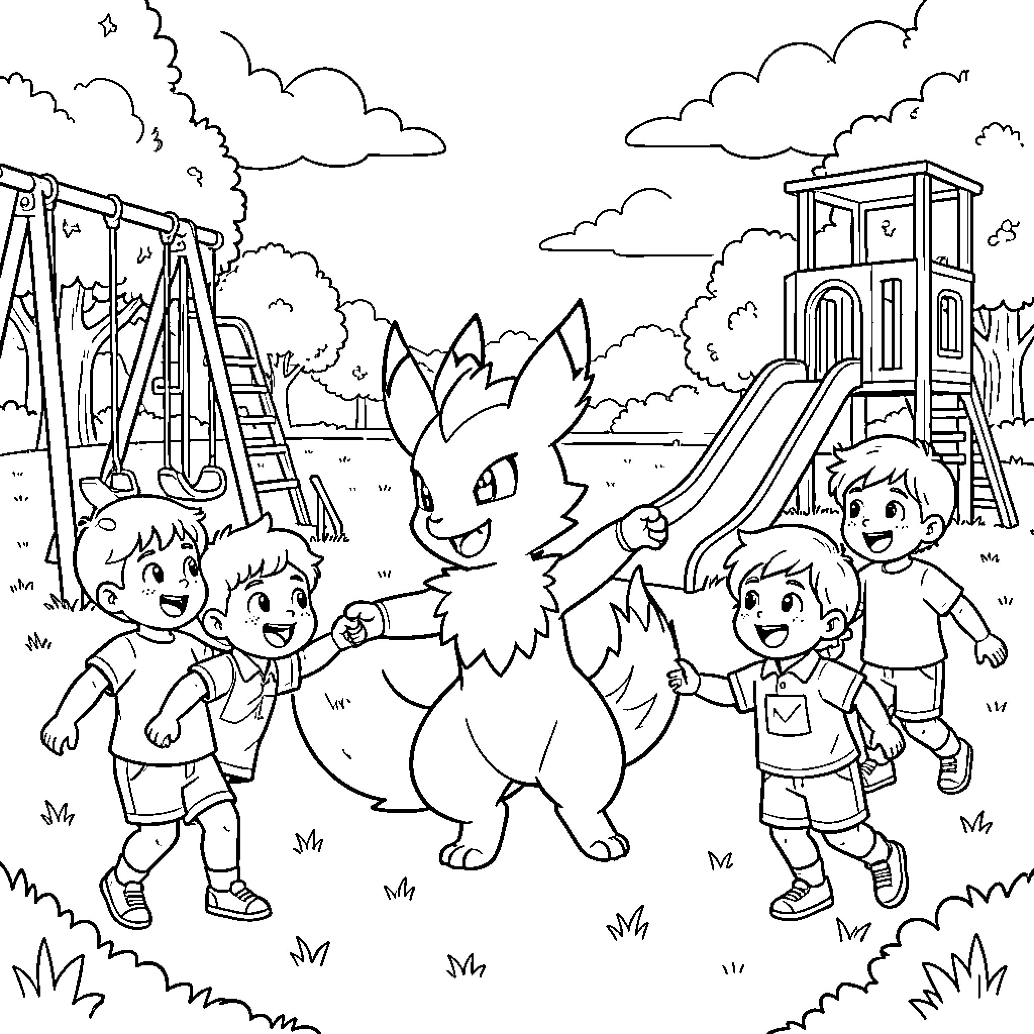 Dracaufeu playing joyfully with children at a playground Coloring Page (free black-and-white line drawing printable PDF for all, from beginners to advanced learners, including children, teens, adults, and seniors)