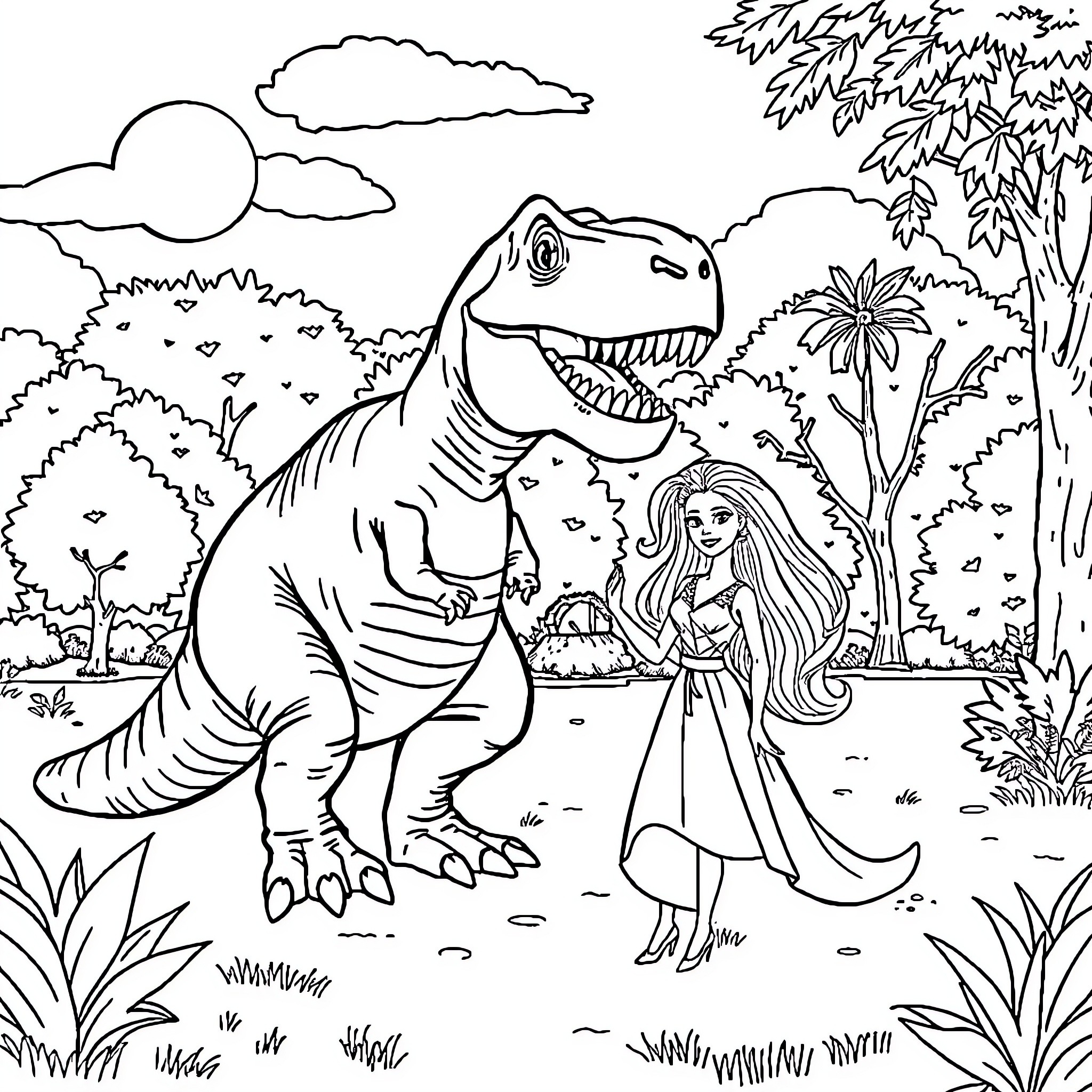 T-Rex meeting a young girl in the jungle Coloring Page (free black-and-white line drawing printable PDF for all, from beginners to advanced learners, including children, teens, adults, and seniors)