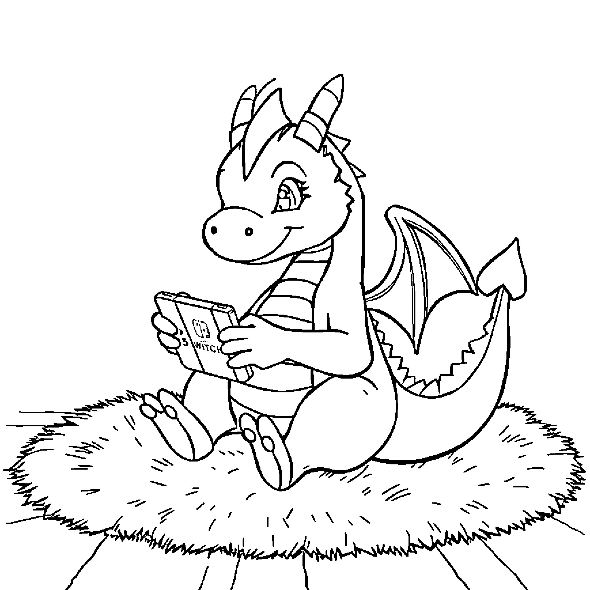 Dragon playing with electronic device on grassy field Coloring Page (free black-and-white line drawing printable PDF for all, from beginners to advanced learners, including children, teens, adults, and seniors)