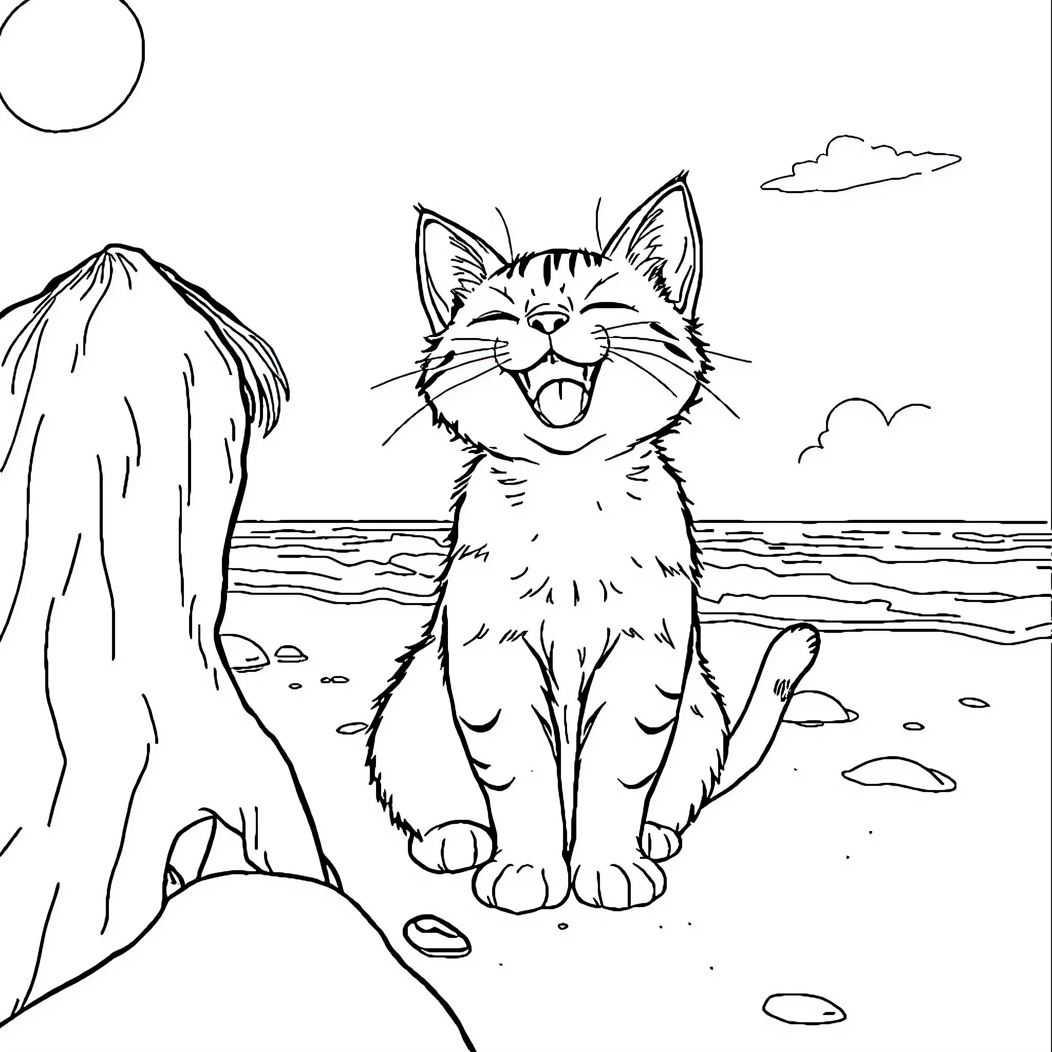 Cat relaxing and enjoying the beach scene Coloring Page (free black-and-white line drawing printable PDF for all, from beginners to advanced learners, including children, teens, adults, and seniors)