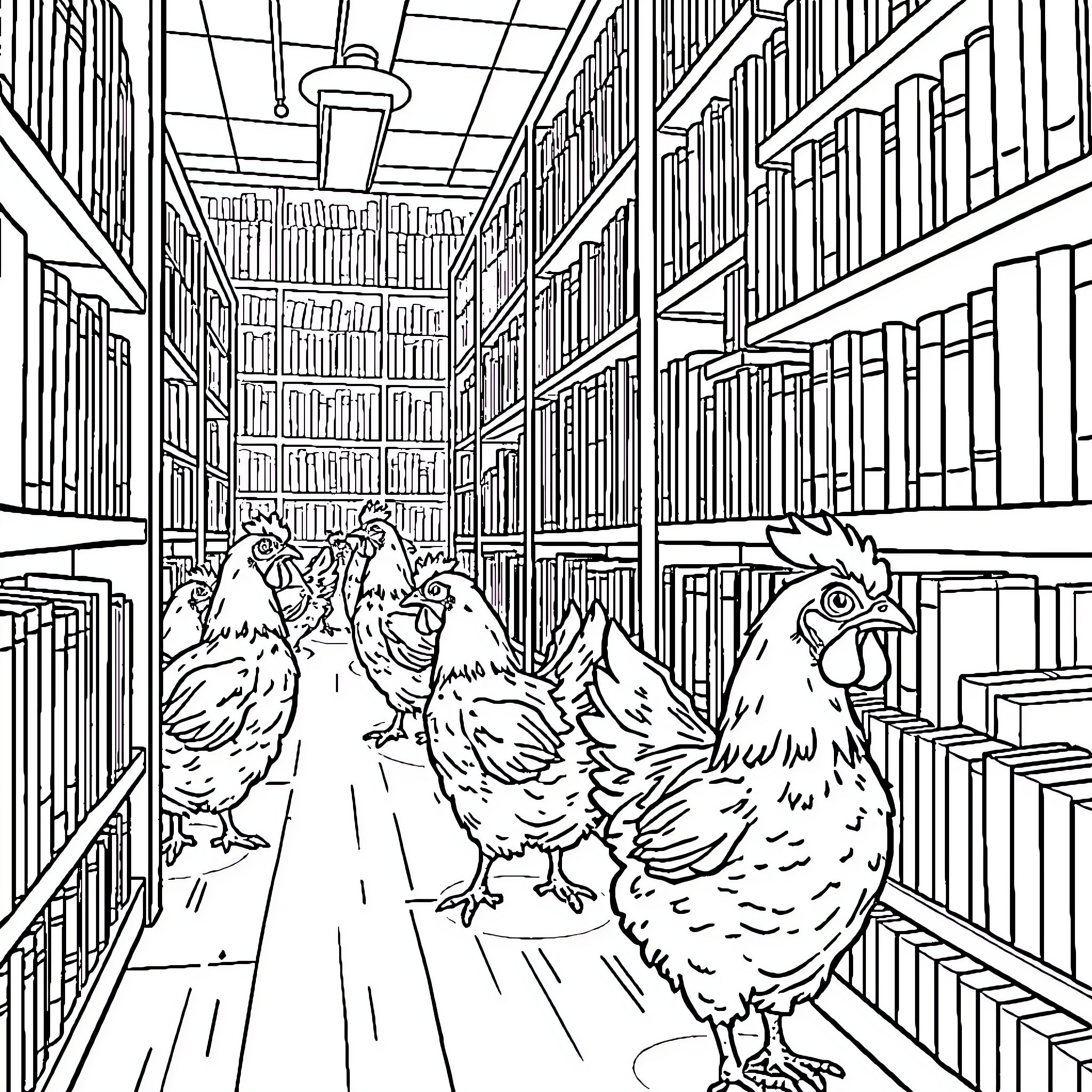 Chickens roaming in a library Coloring Page (free black-and-white line drawing printable PDF for all, from beginners to advanced learners, including children, teens, adults, and seniors)