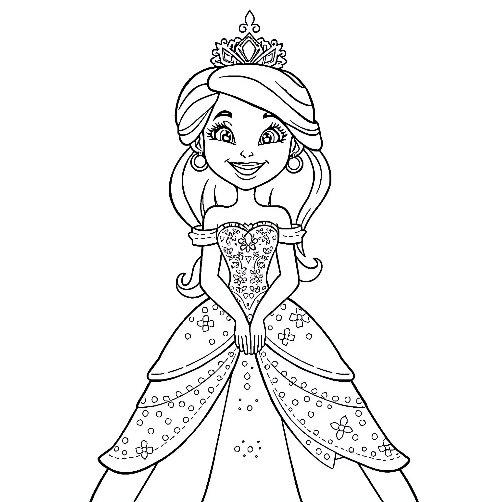 Princess Smiling Happily in Elegant Gown Coloring Page (free black-and-white line drawing printable PDF for all, from beginners to advanced learners, including children, teens, adults, and seniors)