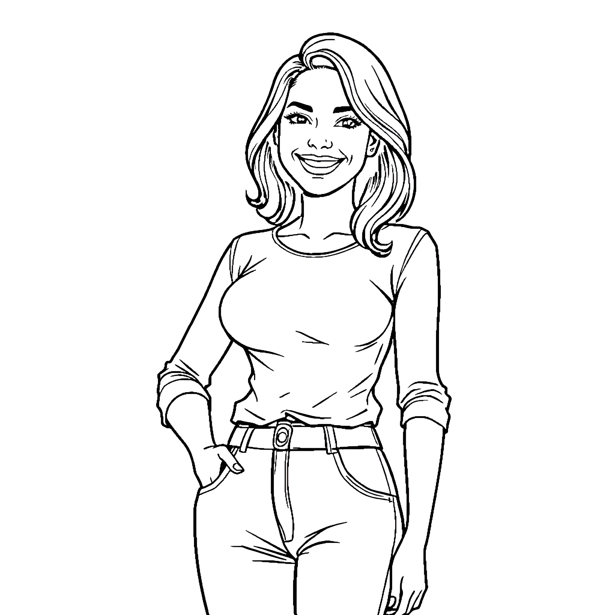 Woman smiling and posing in casual attire Coloring Page (free black-and-white line drawing printable PDF for all, from beginners to advanced learners, including children, teens, adults, and seniors)