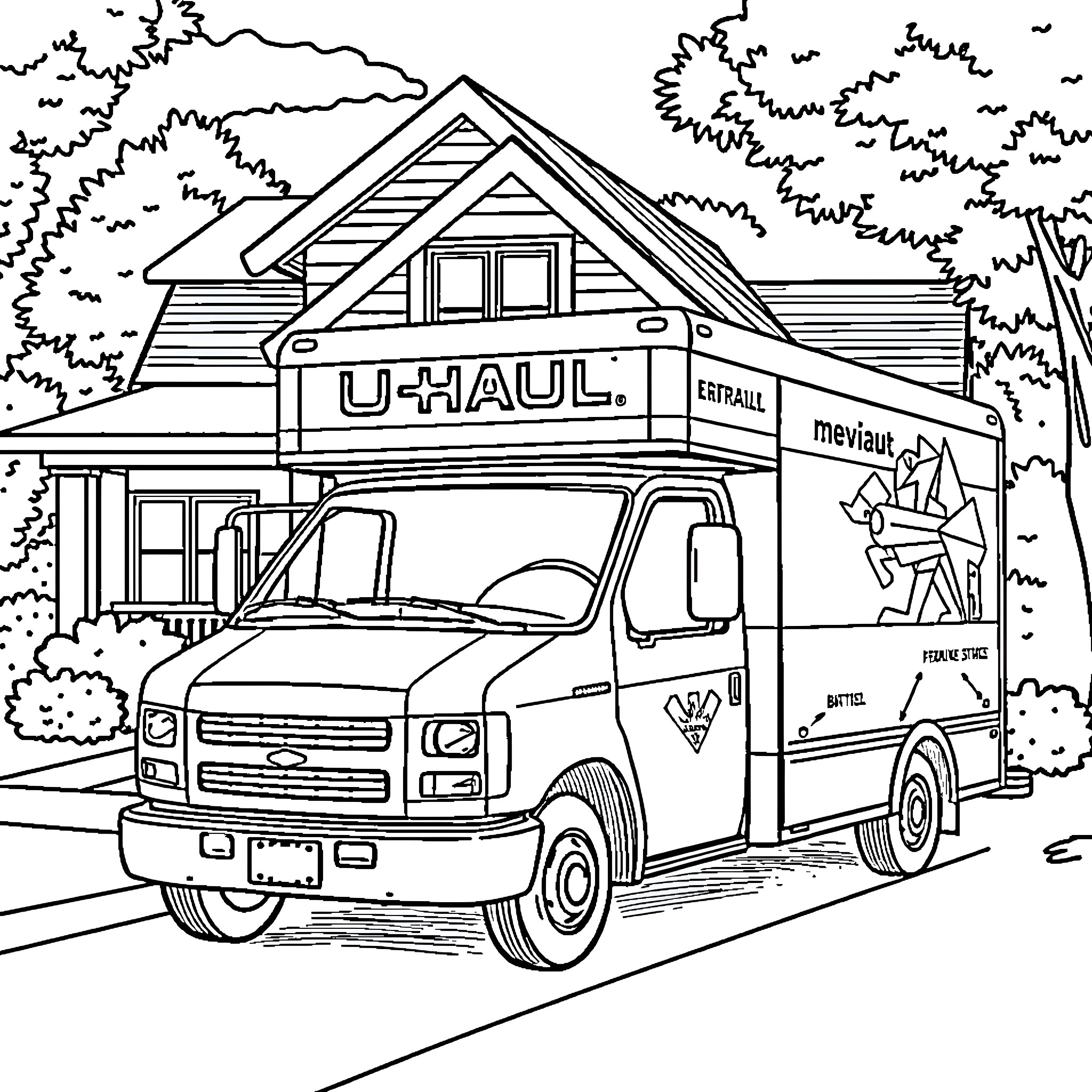 U-Haul Truck Parked Outside a Cabin in the Woods Coloring Page (free black-and-white line drawing printable PDF for all, from beginners to advanced learners, including children, teens, adults, and seniors)