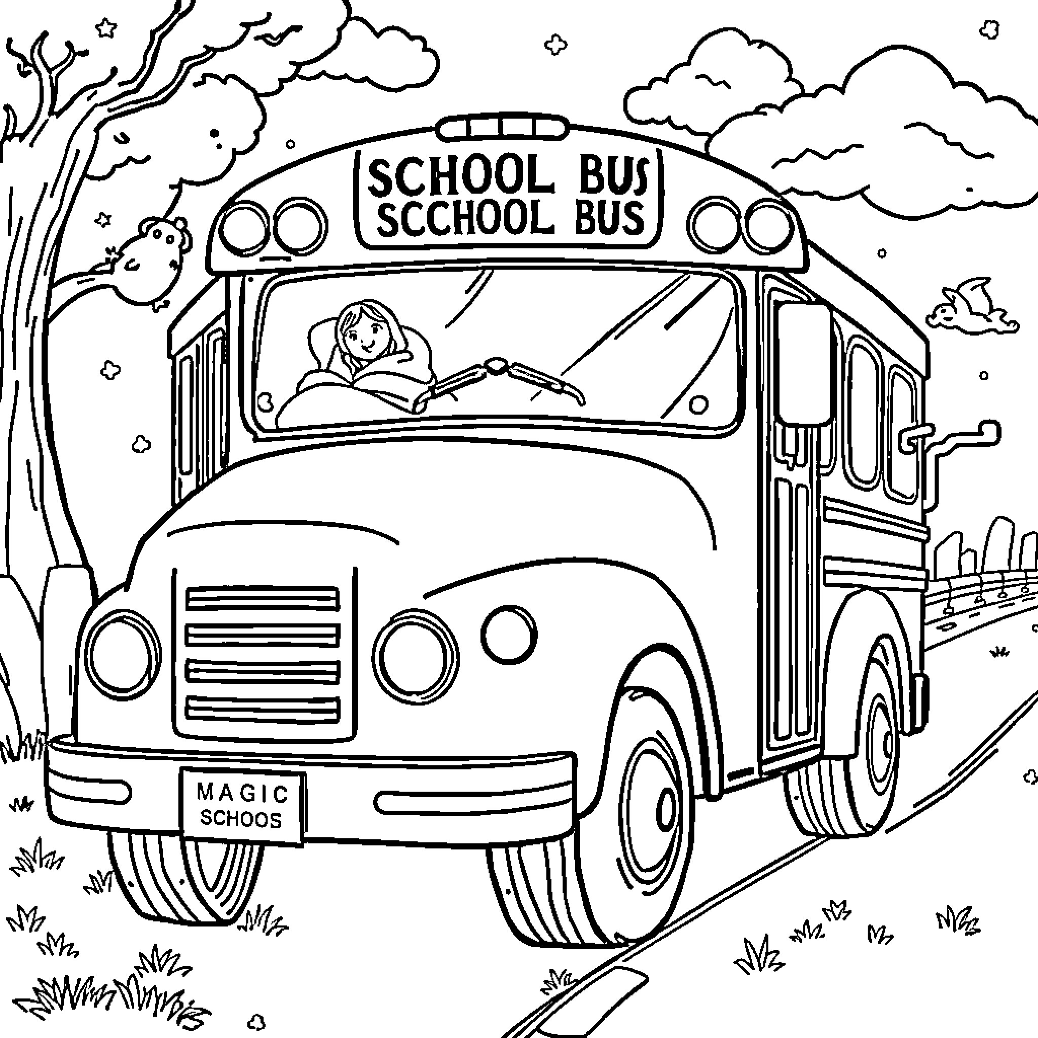Magic School Bus Transporting Students on Field Trip Coloring Page (free black-and-white line drawing printable PDF for all, from beginners to advanced learners, including children, teens, adults, and seniors)