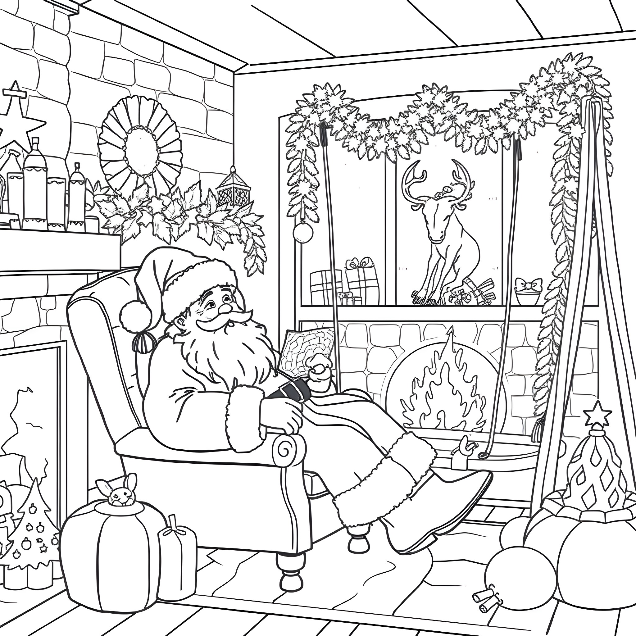Sinterklaas enjoying the festive scene in his cozy home Coloring Page (free black-and-white line drawing printable PDF for all, from beginners to advanced learners, including children, teens, adults, and seniors)