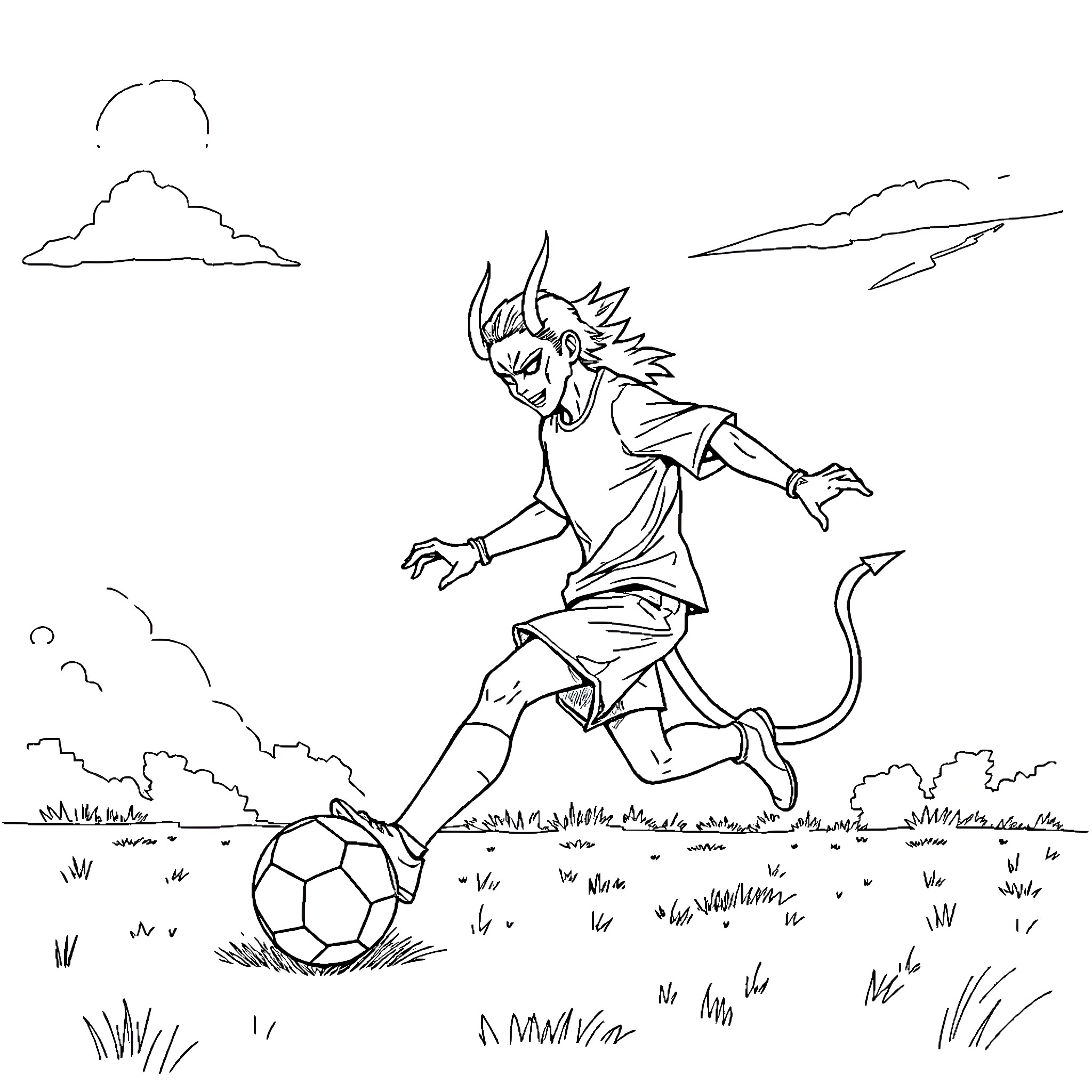 Demon Hunter dribbles soccer ball through field Coloring Page (free black-and-white line drawing printable PDF for all, from beginners to advanced learners, including children, teens, adults, and seniors)