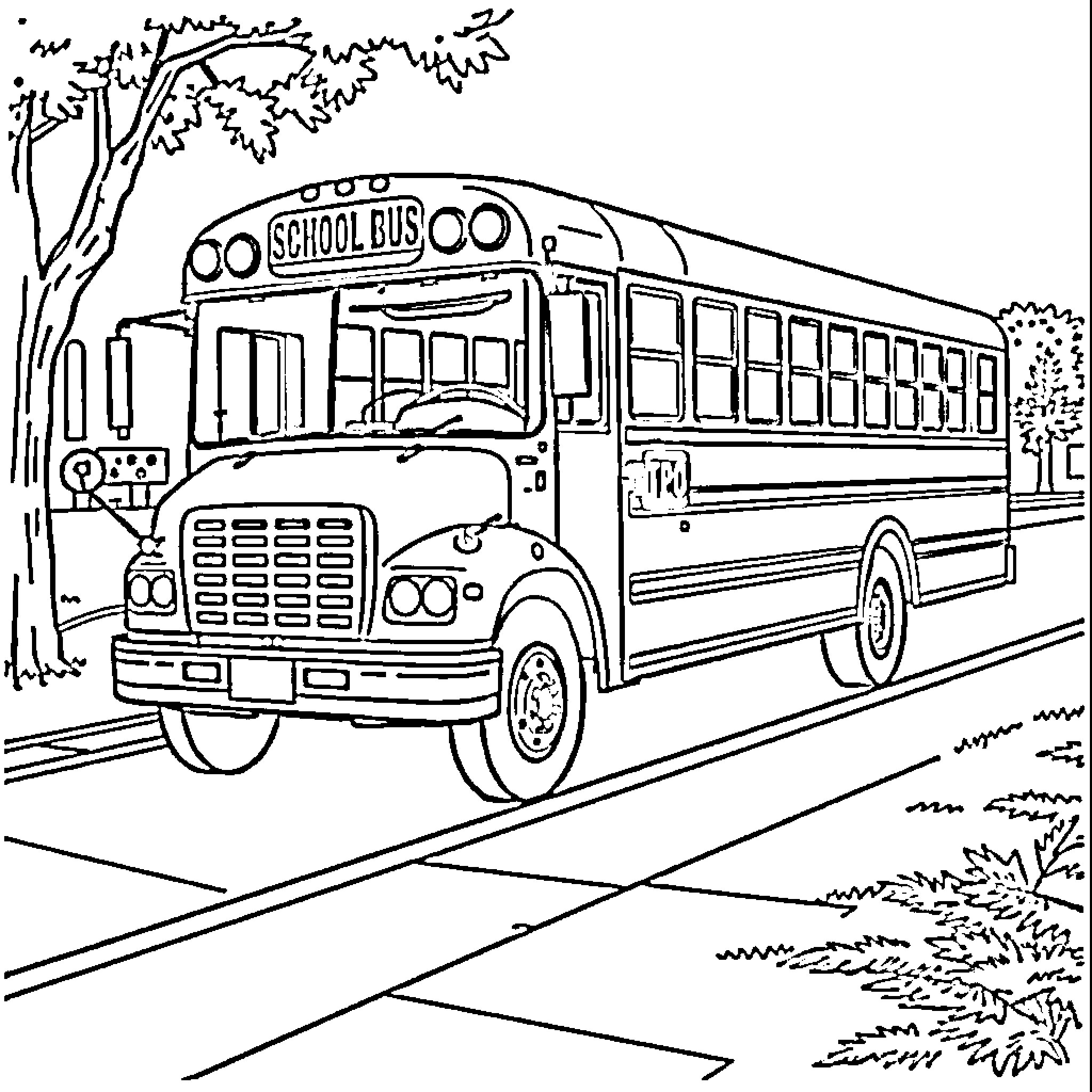 School Bus on the Road Coloring Page (free black-and-white line drawing printable PDF for all, from beginners to advanced learners, including children, teens, adults, and seniors)
