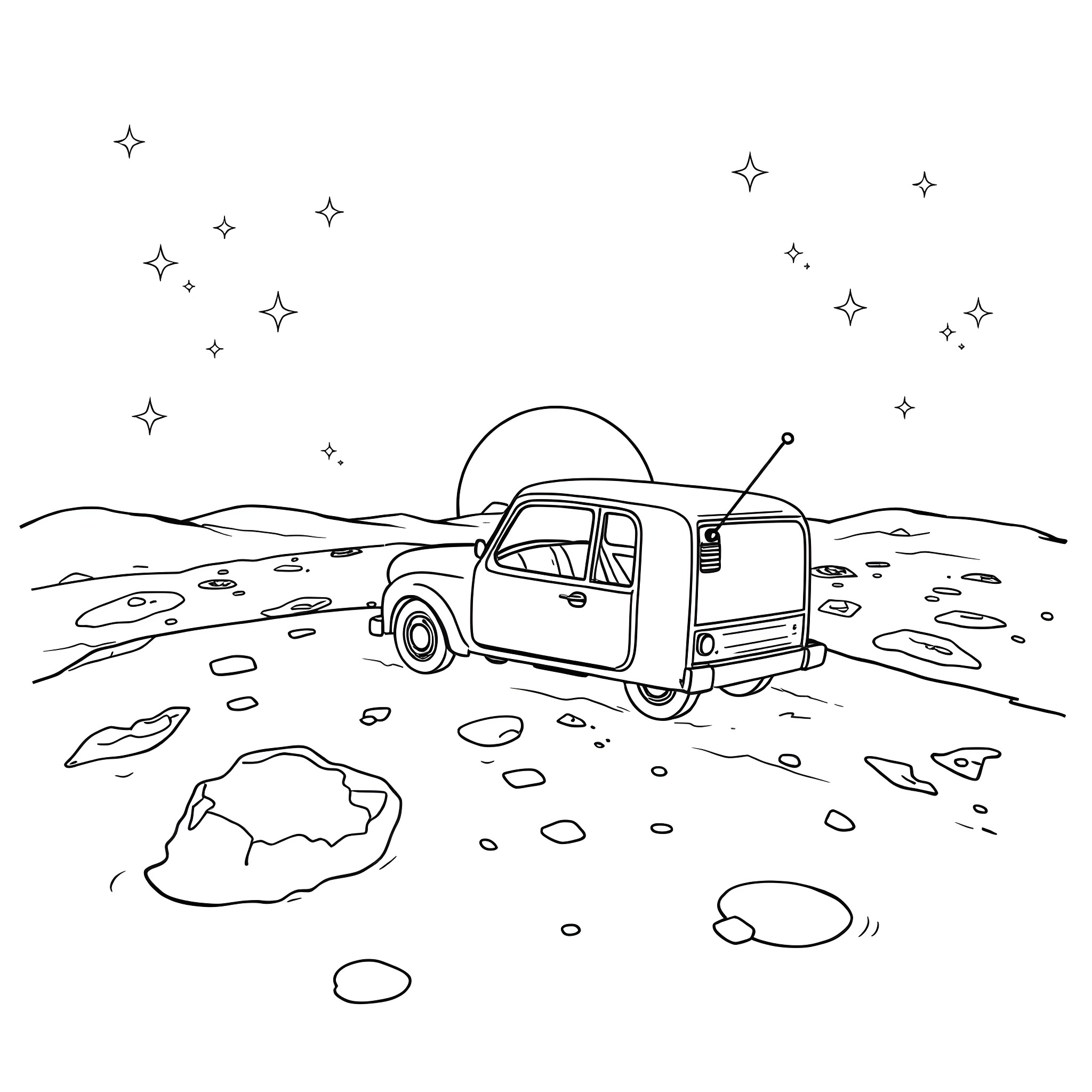 TV Car Exploring the Starry Desert Landscape Coloring Page (free black-and-white line drawing printable PDF for all, from beginners to advanced learners, including children, teens, adults, and seniors)