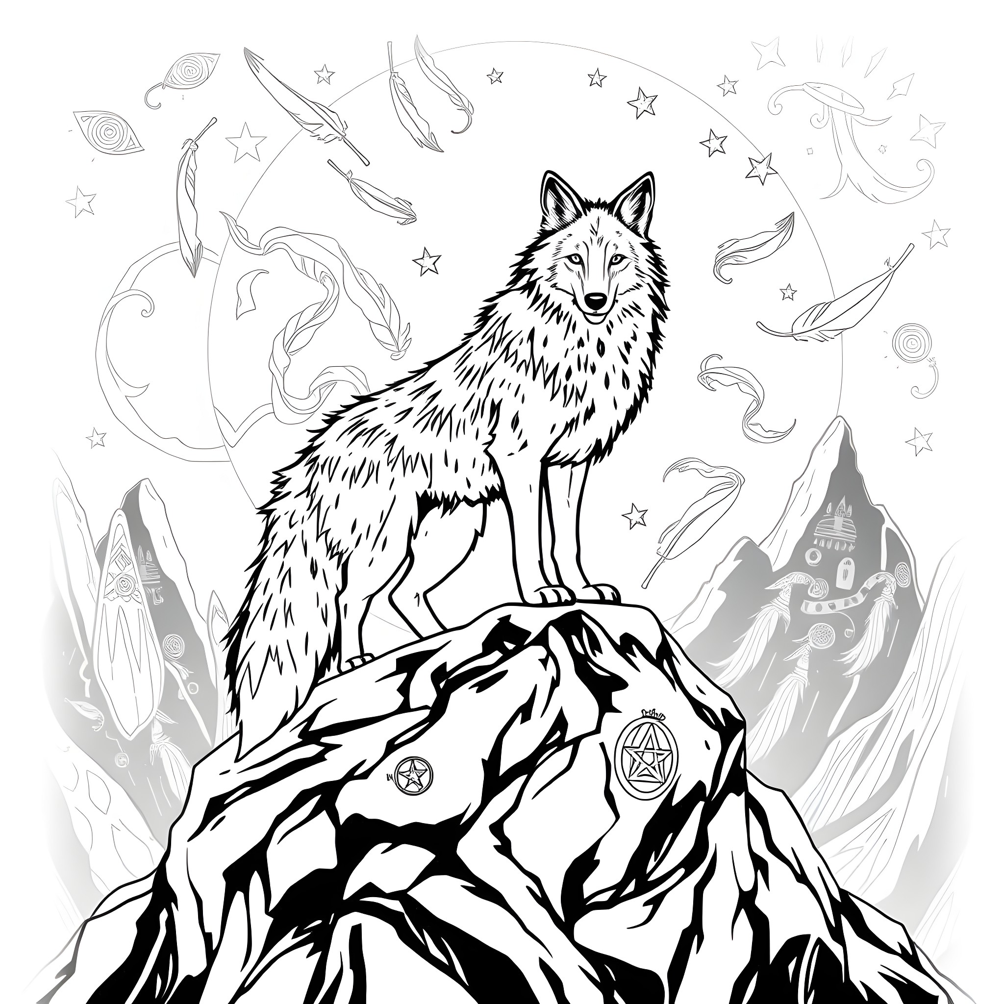 Coyote on a Mystical Mountain Coloring Page (free black-and-white line drawing printable PDF for all, from beginners to advanced learners, including children, teens, adults, and seniors)