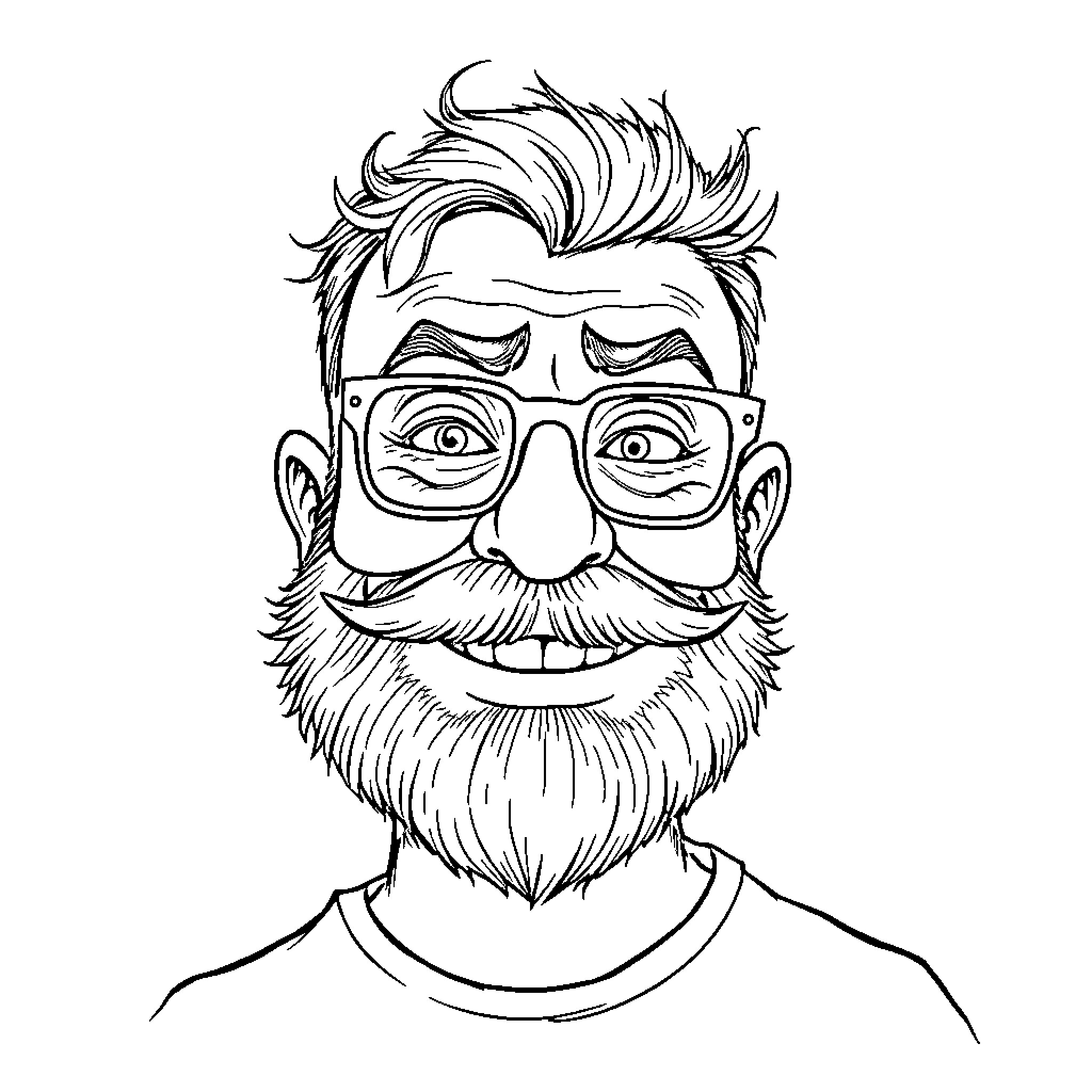 Man with humorous expression and glasses Coloring Page (free black-and-white line drawing printable PDF for all, from beginners to advanced learners, including children, teens, adults, and seniors)