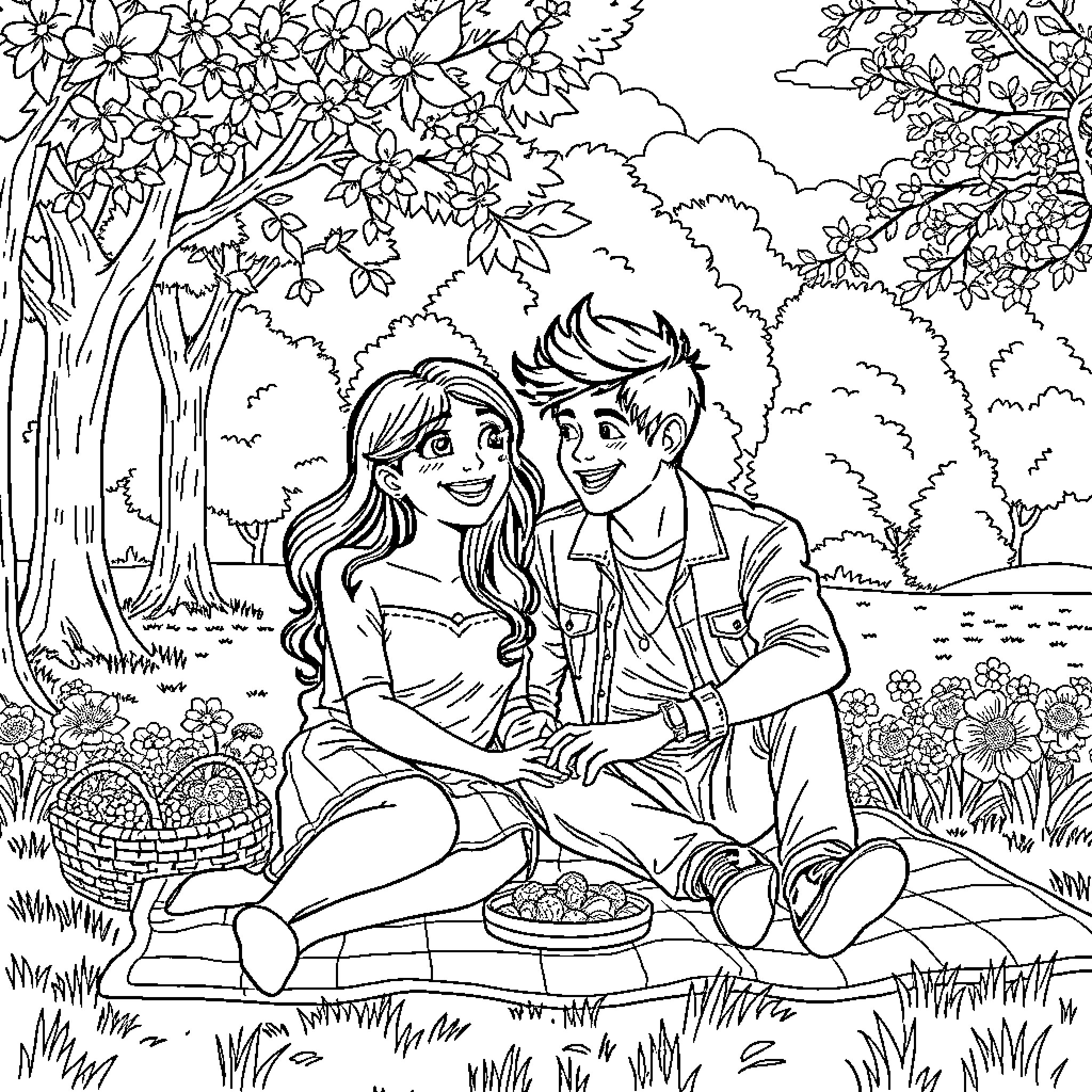 Aphmau enjoying a picnic with a friend in the park Coloring Page (free black-and-white line drawing printable PDF for all, from beginners to advanced learners, including children, teens, adults, and seniors)
