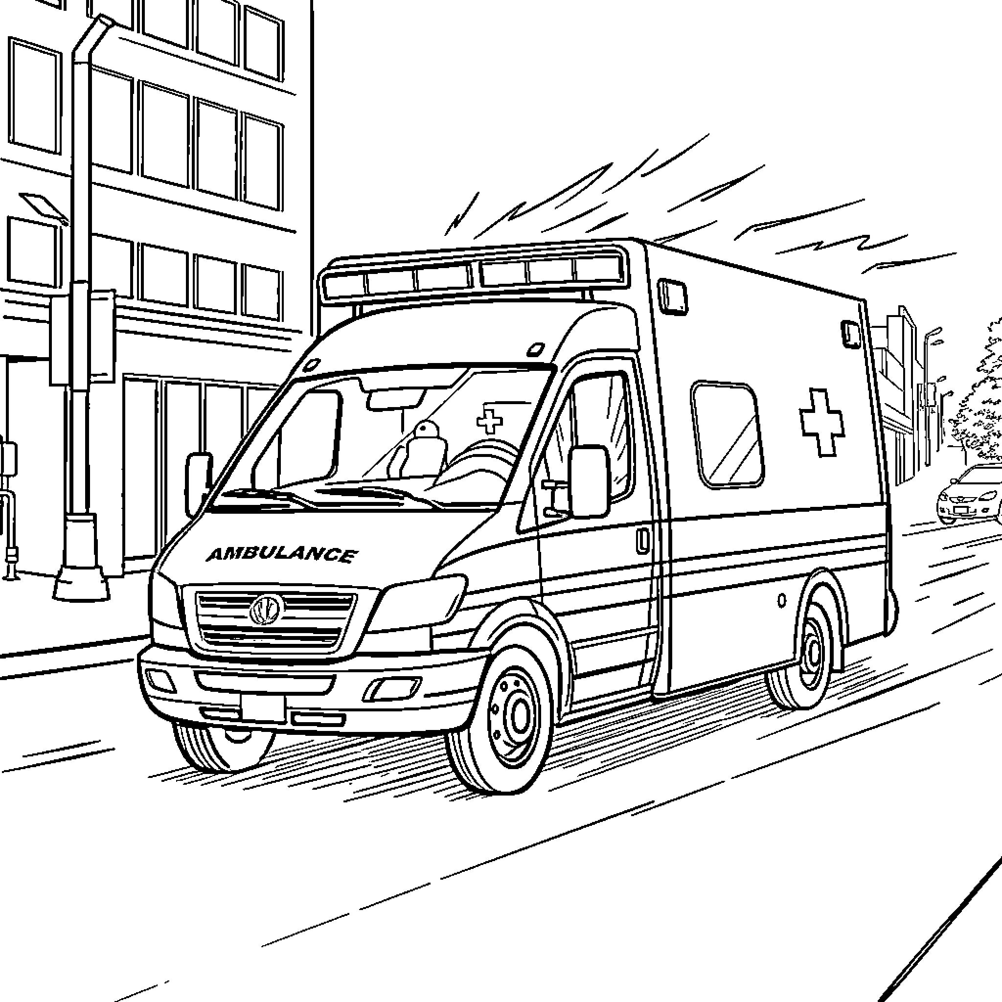Ambulance rushing to emergency with flashing lights Coloring Page (free black-and-white line drawing printable PDF for all, from beginners to advanced learners, including children, teens, adults, and seniors)