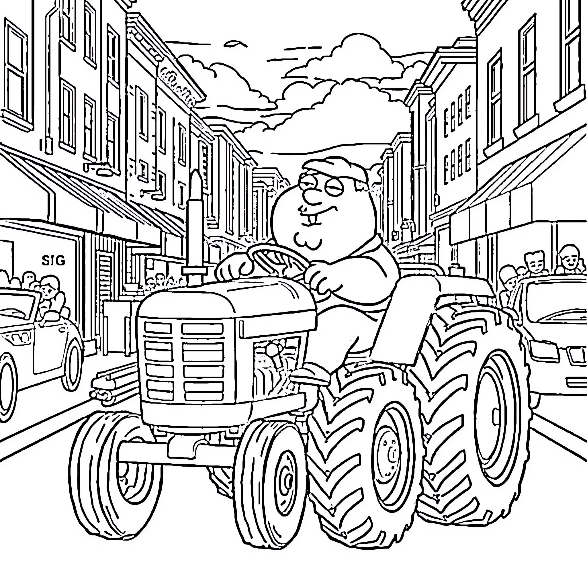 Peter Griffin driving a tractor through town Coloring Page (free black-and-white line drawing printable PDF for all, from beginners to advanced learners, including children, teens, adults, and seniors)