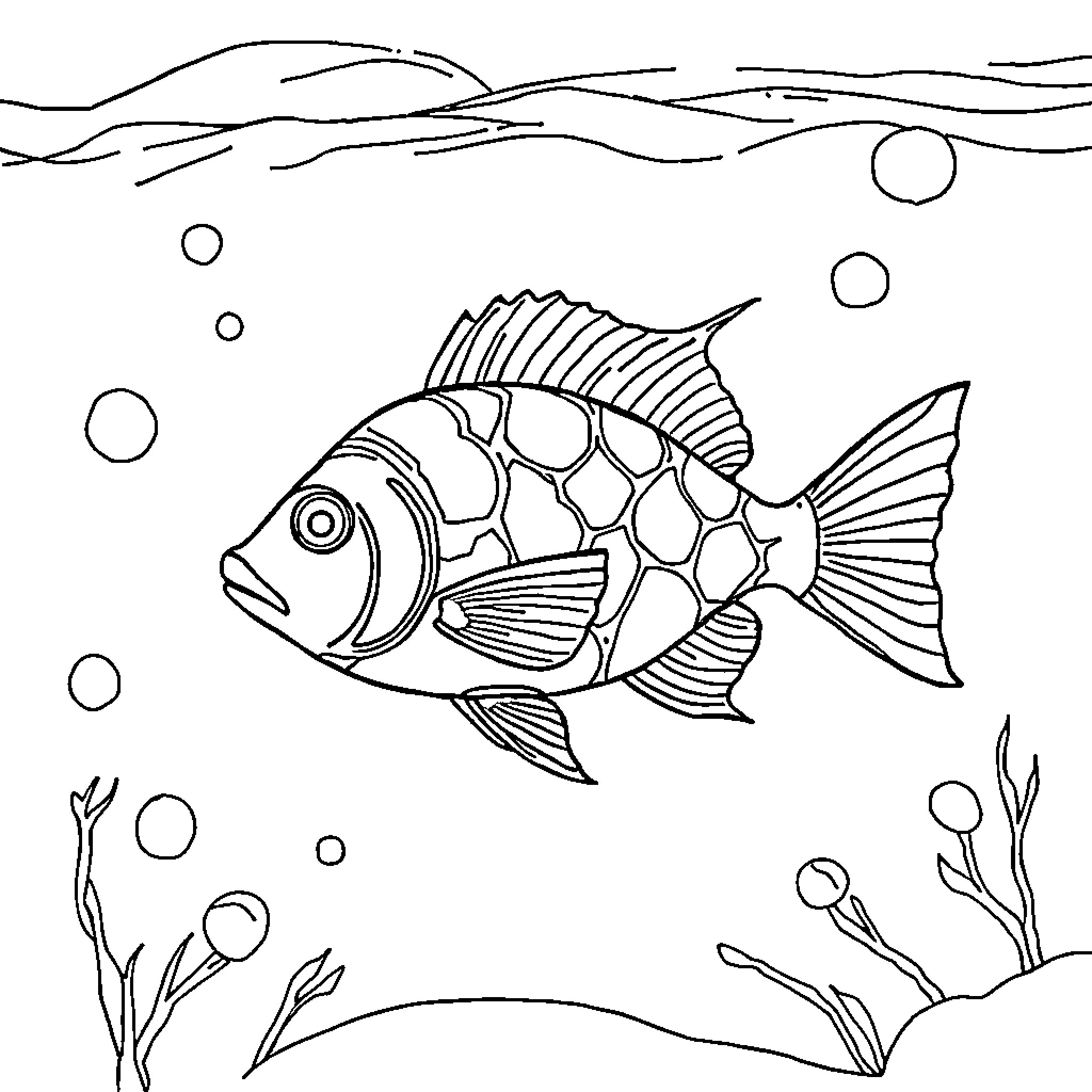 Fish swimming underwater in a whimsical scene Coloring Page (free black-and-white line drawing printable PDF for all, from beginners to advanced learners, including children, teens, adults, and seniors)