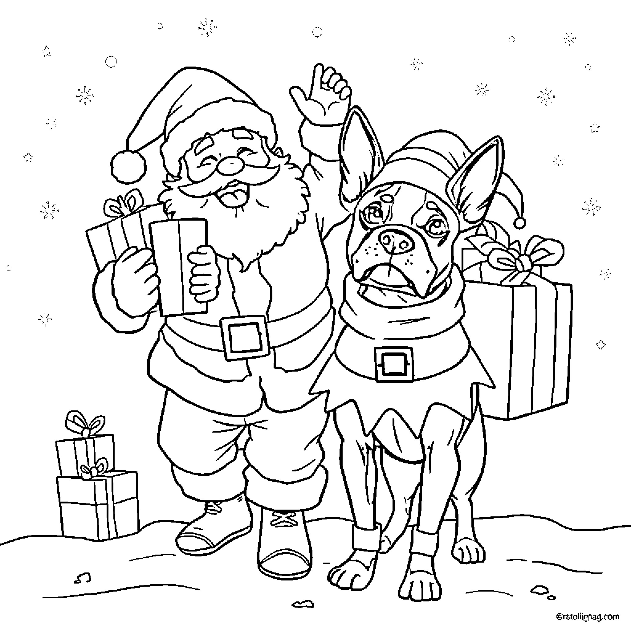 Santa and his canine companion with holiday gifts Coloring Page (free black-and-white line drawing printable PDF for all, from beginners to advanced learners, including children, teens, adults, and seniors)