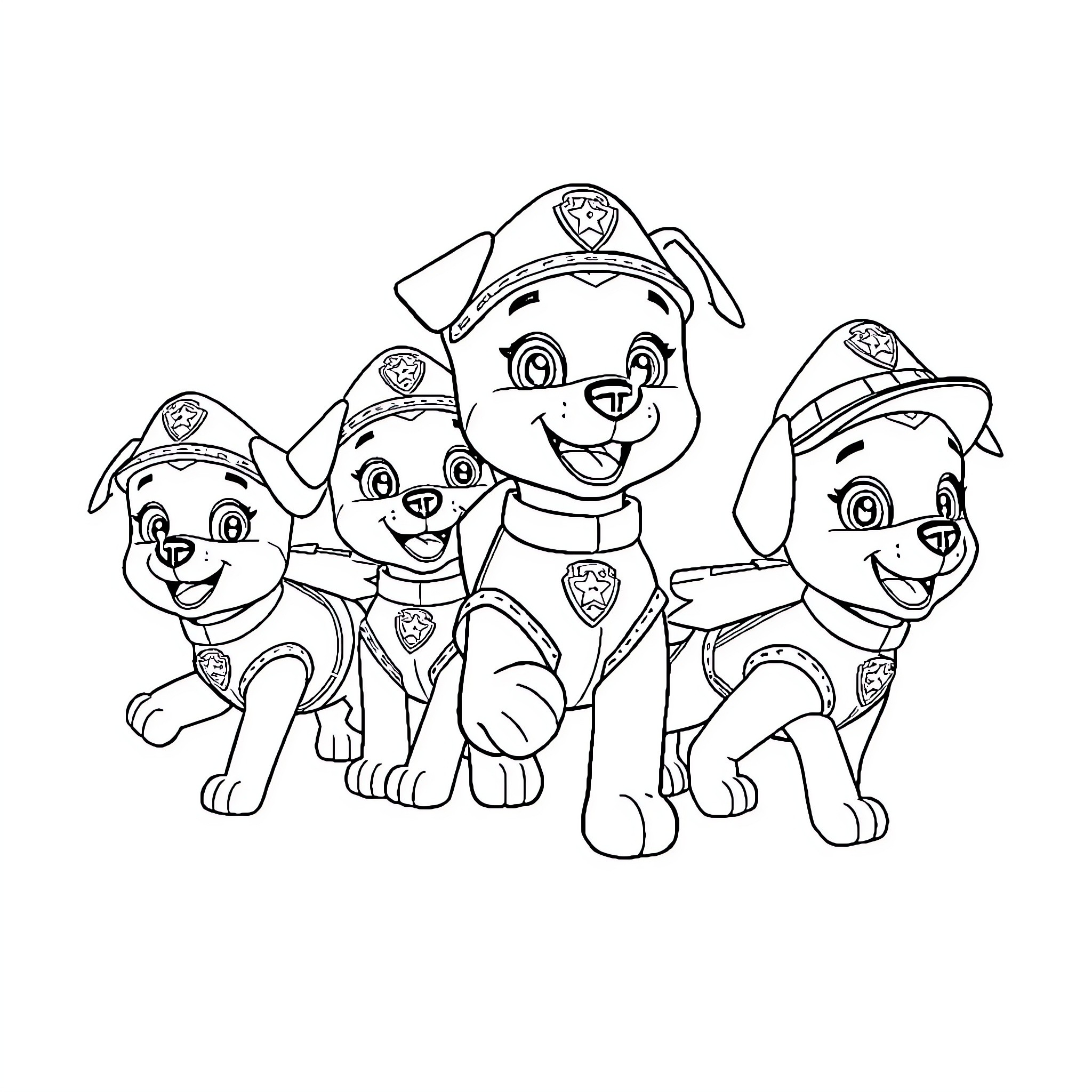 Paw Patrol dogs in uniform posing together Coloring Page (free black-and-white line drawing printable PDF for all, from beginners to advanced learners, including children, teens, adults, and seniors)