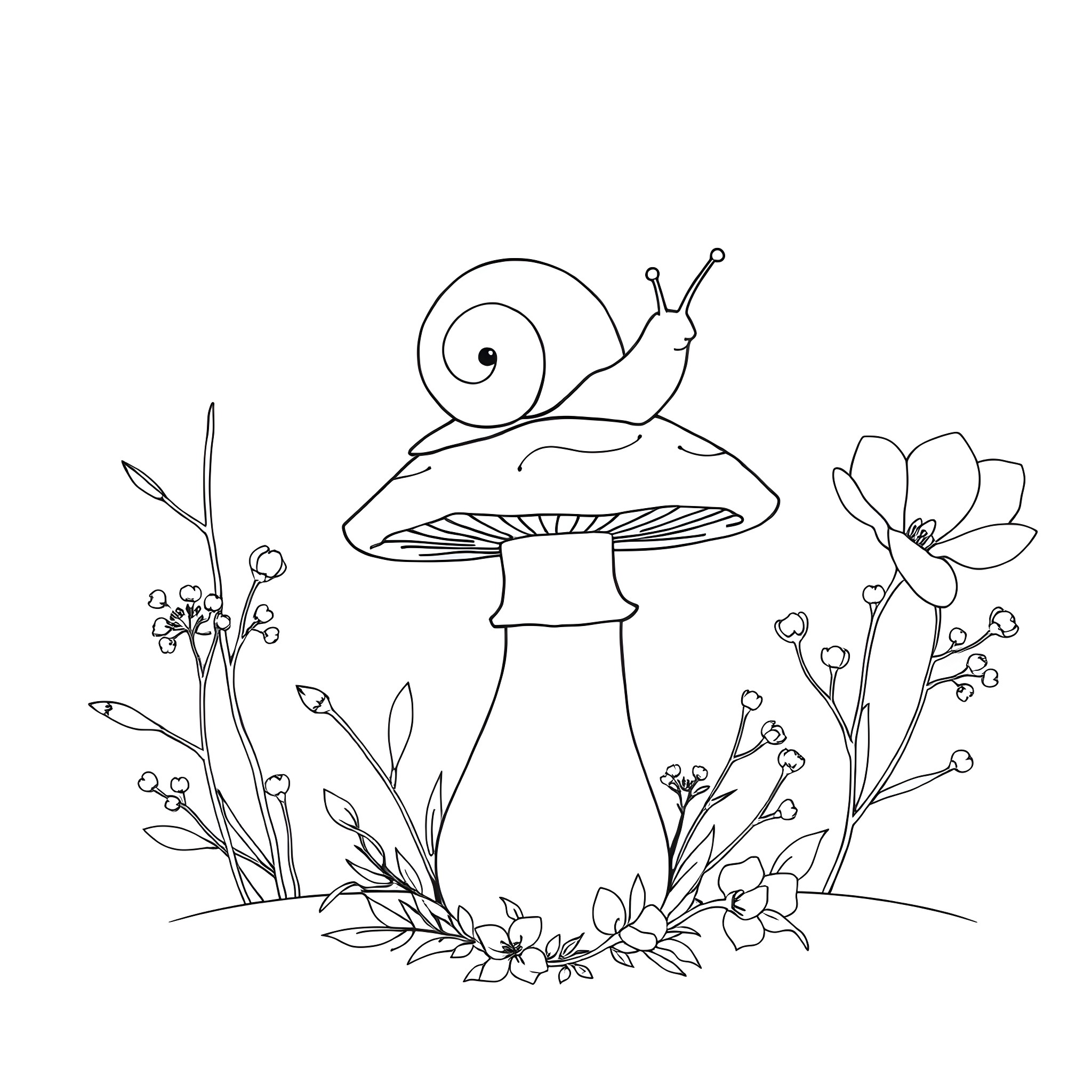 Snail climbing on mushroom with flowers Coloring Page (free black-and-white line drawing printable PDF for all, from beginners to advanced learners, including children, teens, adults, and seniors)