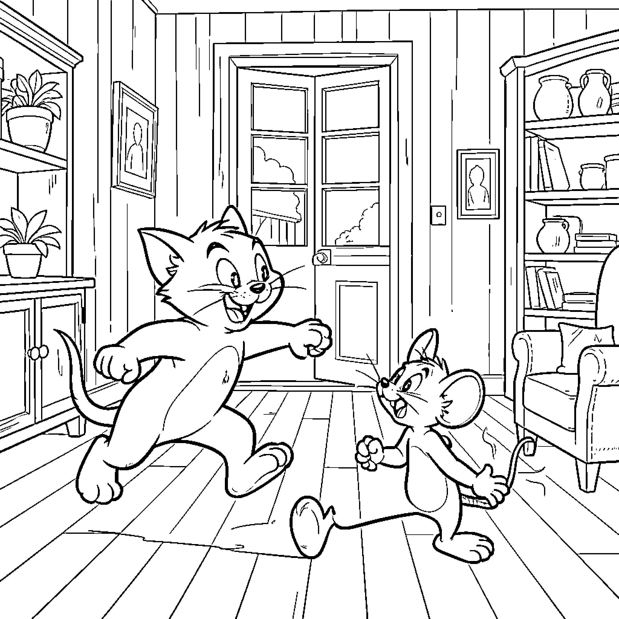 Tom and Jerry chasing each other across the room Coloring Page (free black-and-white line drawing printable PDF for all, from beginners to advanced learners, including children, teens, adults, and seniors)