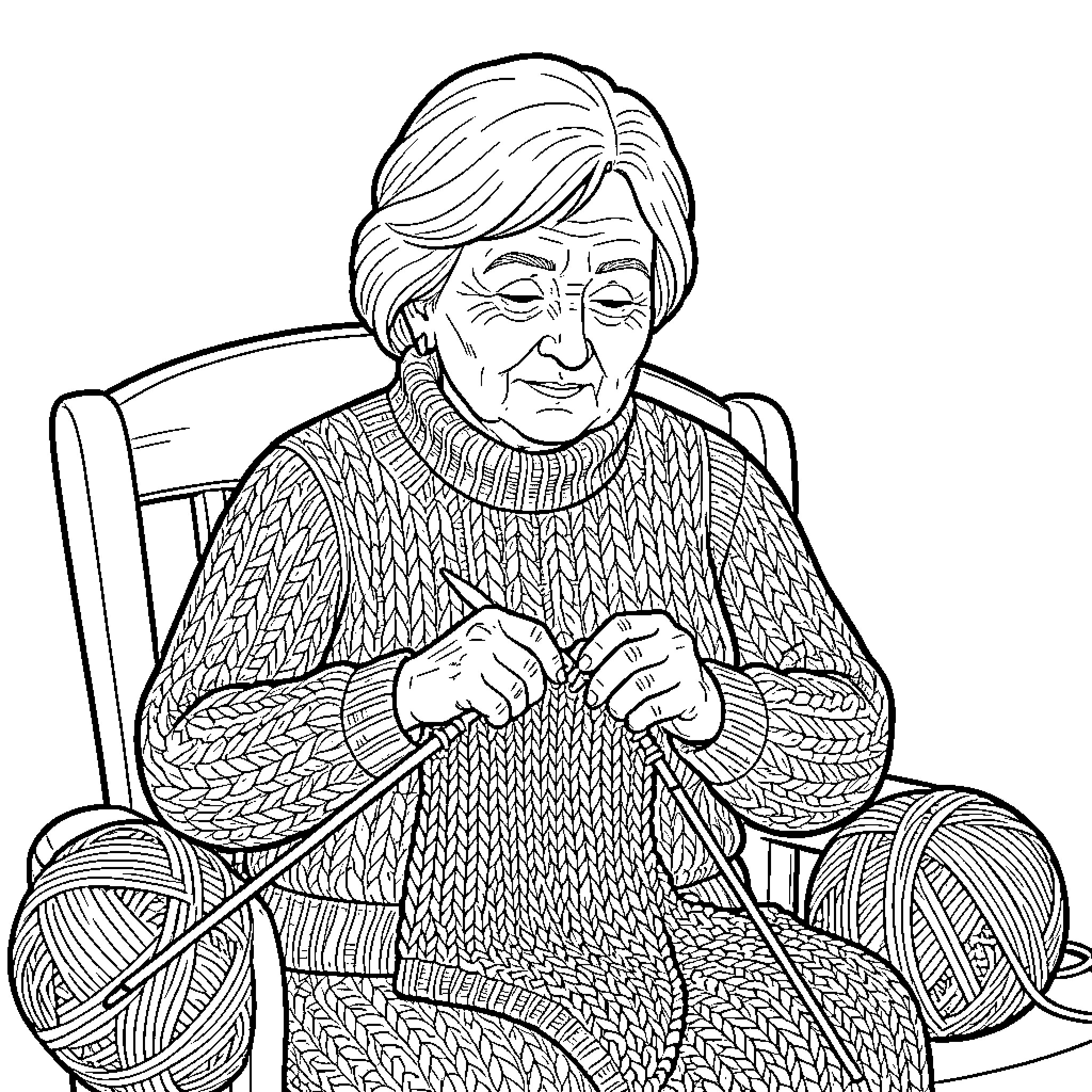 Woman sitting in a chair knitting with yarn Coloring Page (free black-and-white line drawing printable PDF for all, from beginners to advanced learners, including children, teens, adults, and seniors)