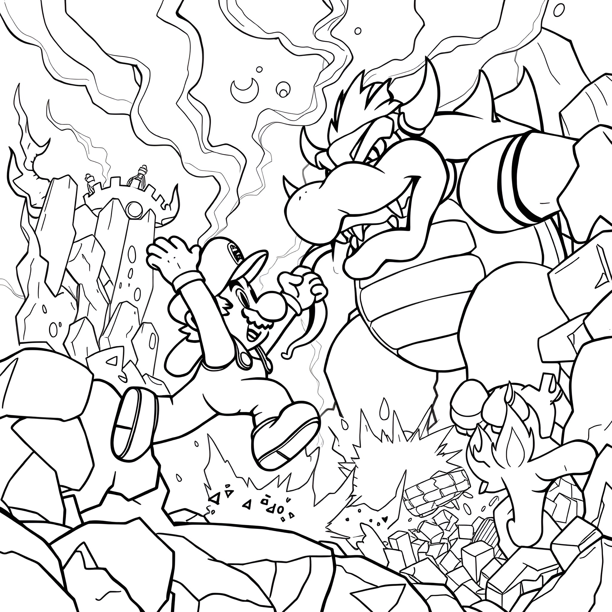 Mario's Chaotic Battle Against a Fiery Foe Coloring Page (free black-and-white line drawing printable PDF for all, from beginners to advanced learners, including children, teens, adults, and seniors)