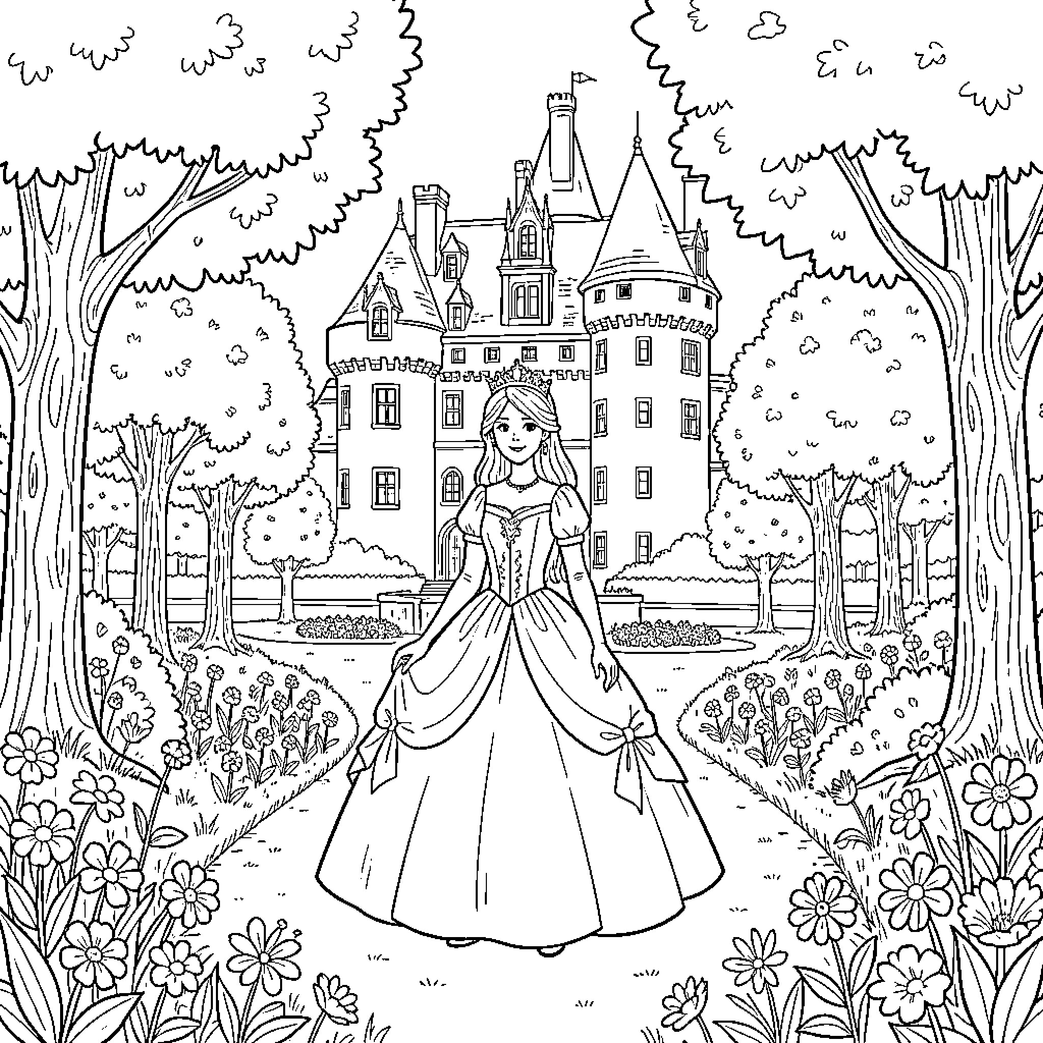 Princess standing gracefully in front of a castle Coloring Page (free black-and-white line drawing printable PDF for all, from beginners to advanced learners, including children, teens, adults, and seniors)