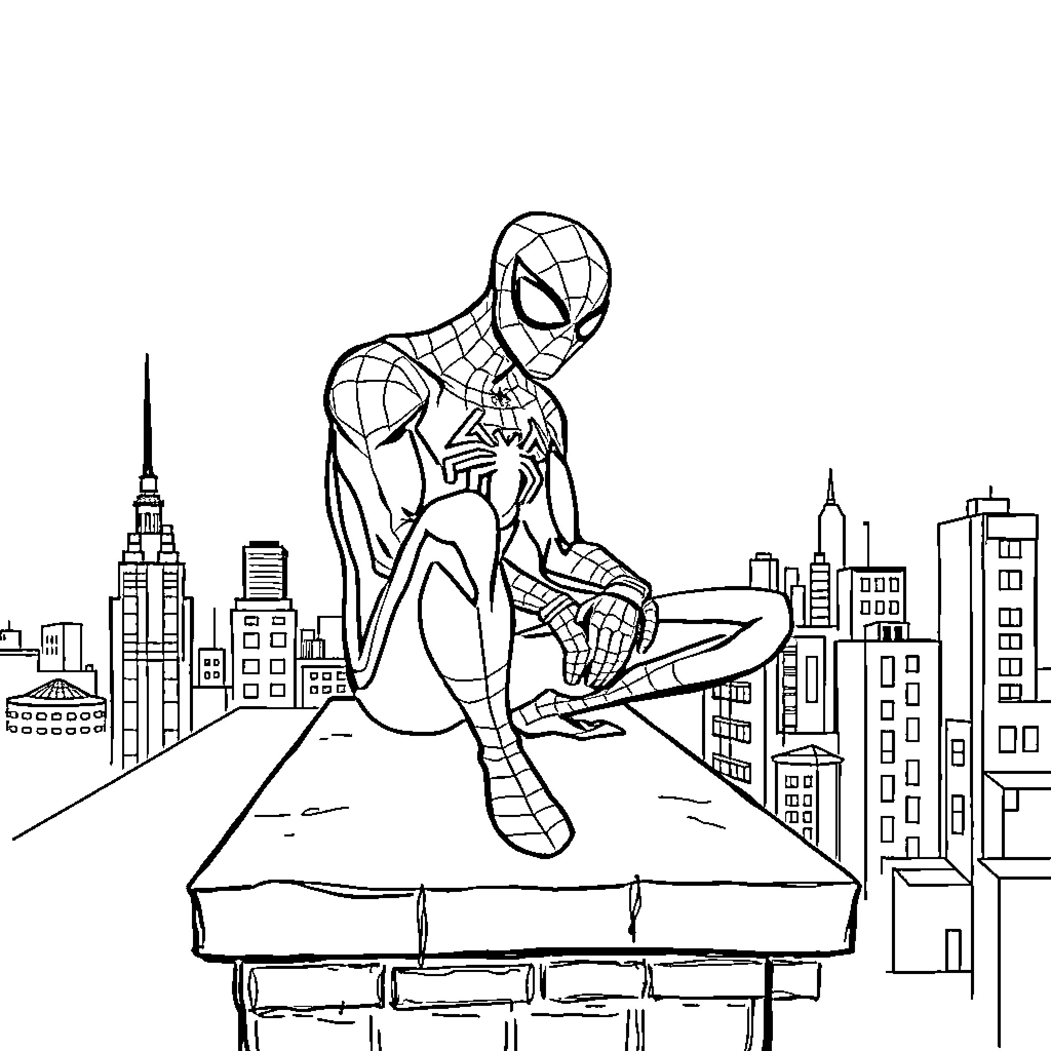 Spiderman ready for action in the city Coloring Page (free black-and-white line drawing printable PDF for all, from beginners to advanced learners, including children, teens, adults, and seniors)