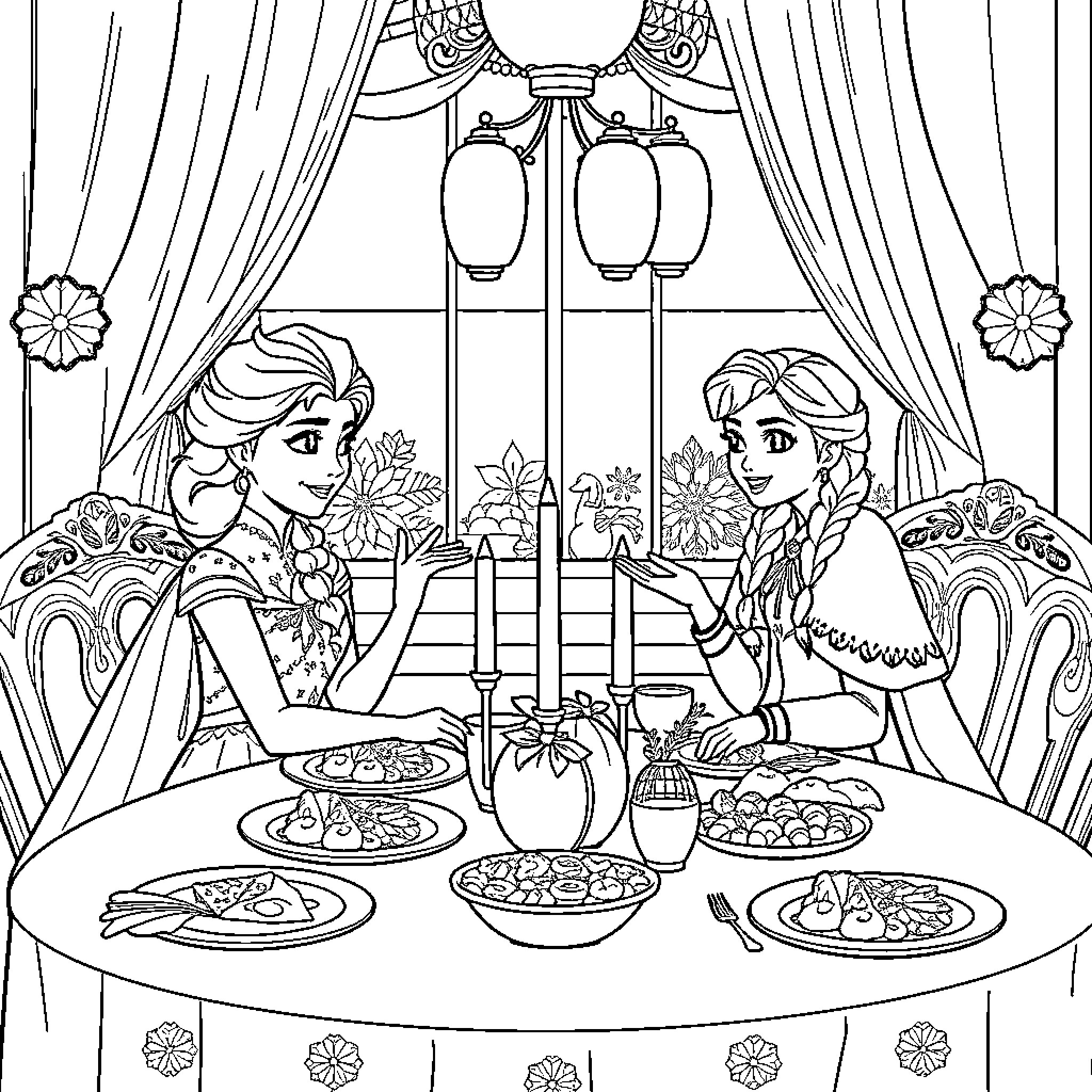 Elsa and Anna Enjoying a Formal Dinner Together Coloring Page (free black-and-white line drawing printable PDF for all, from beginners to advanced learners, including children, teens, adults, and seniors)