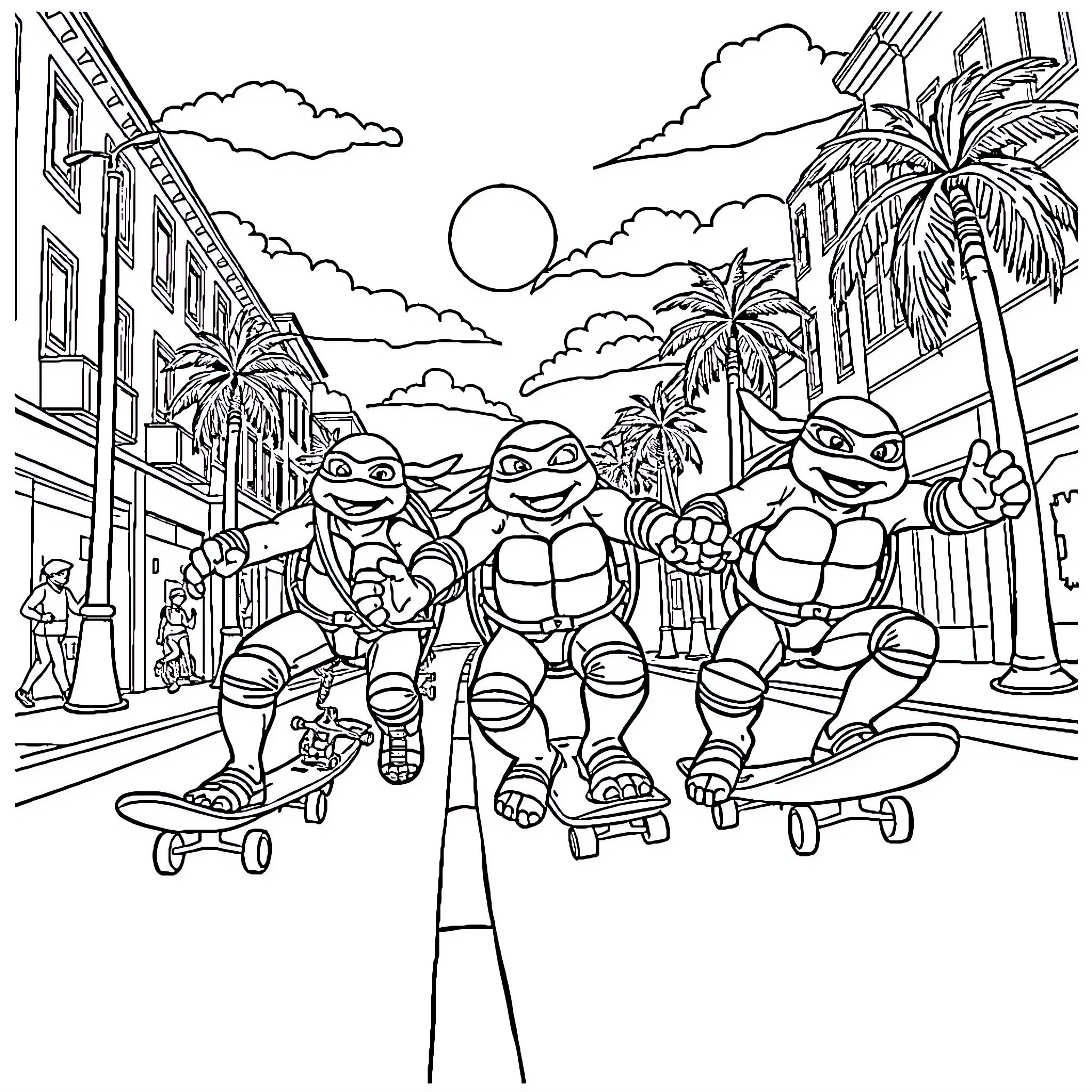 Ninja Turtles on Skateboards in Vibrant City Coloring Page (free black-and-white line drawing printable PDF for all, from beginners to advanced learners, including children, teens, adults, and seniors)
