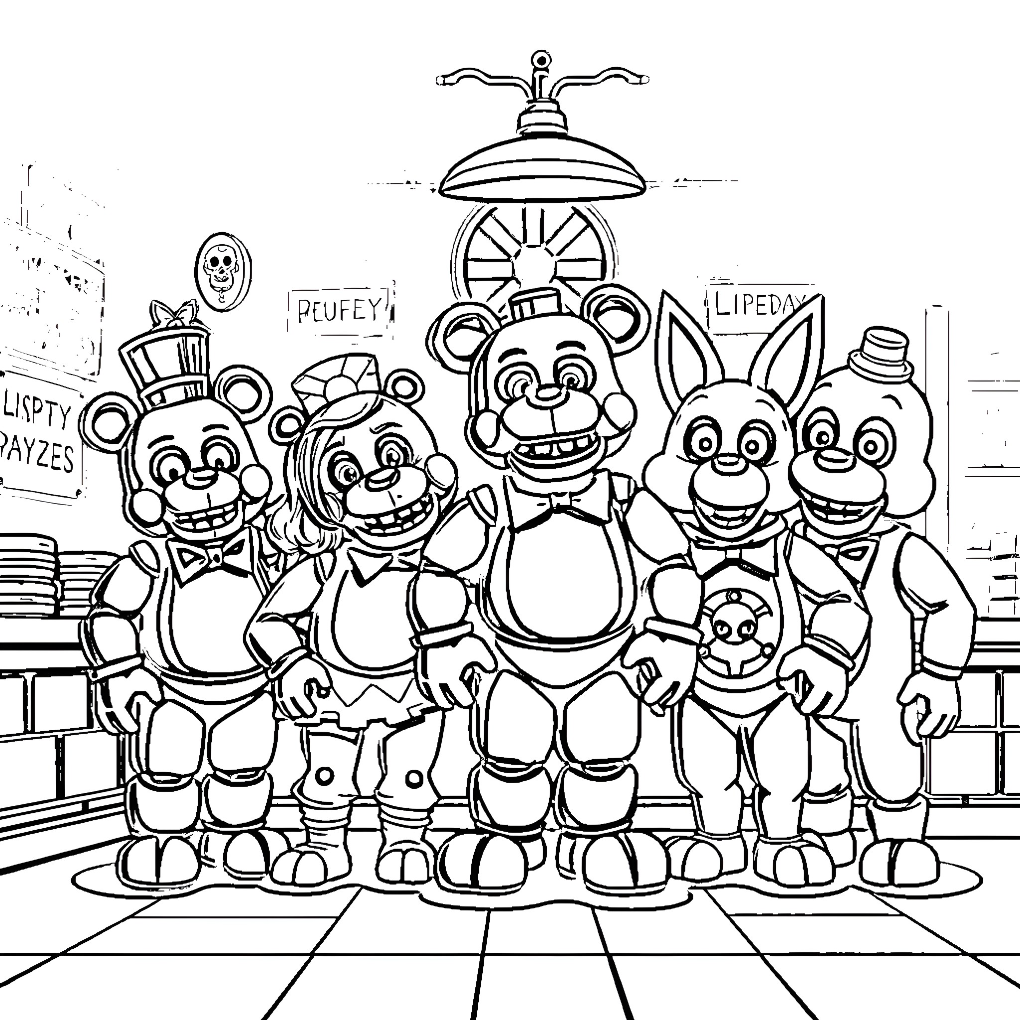 Freddy and friends posing for a group photo Coloring Page (free black-and-white line drawing printable PDF for all, from beginners to advanced learners, including children, teens, adults, and seniors)