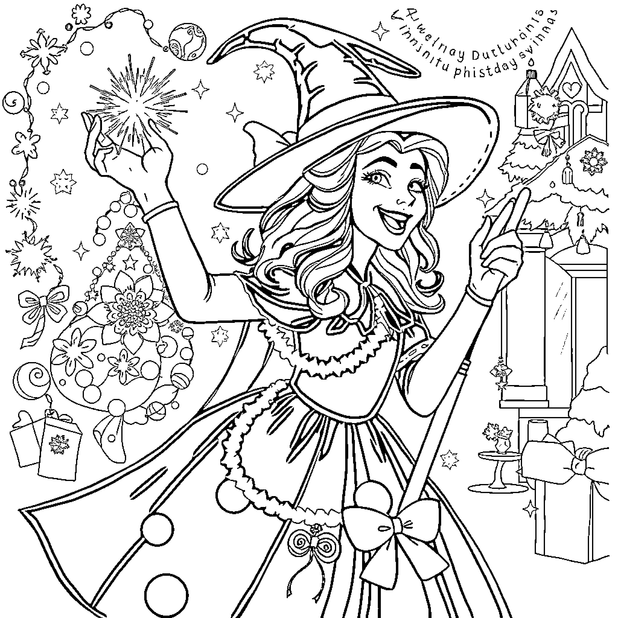Good Witch Casting Spells and Celebrating Holidays Coloring Page (free black-and-white line drawing printable PDF for all, from beginners to advanced learners, including children, teens, adults, and seniors)