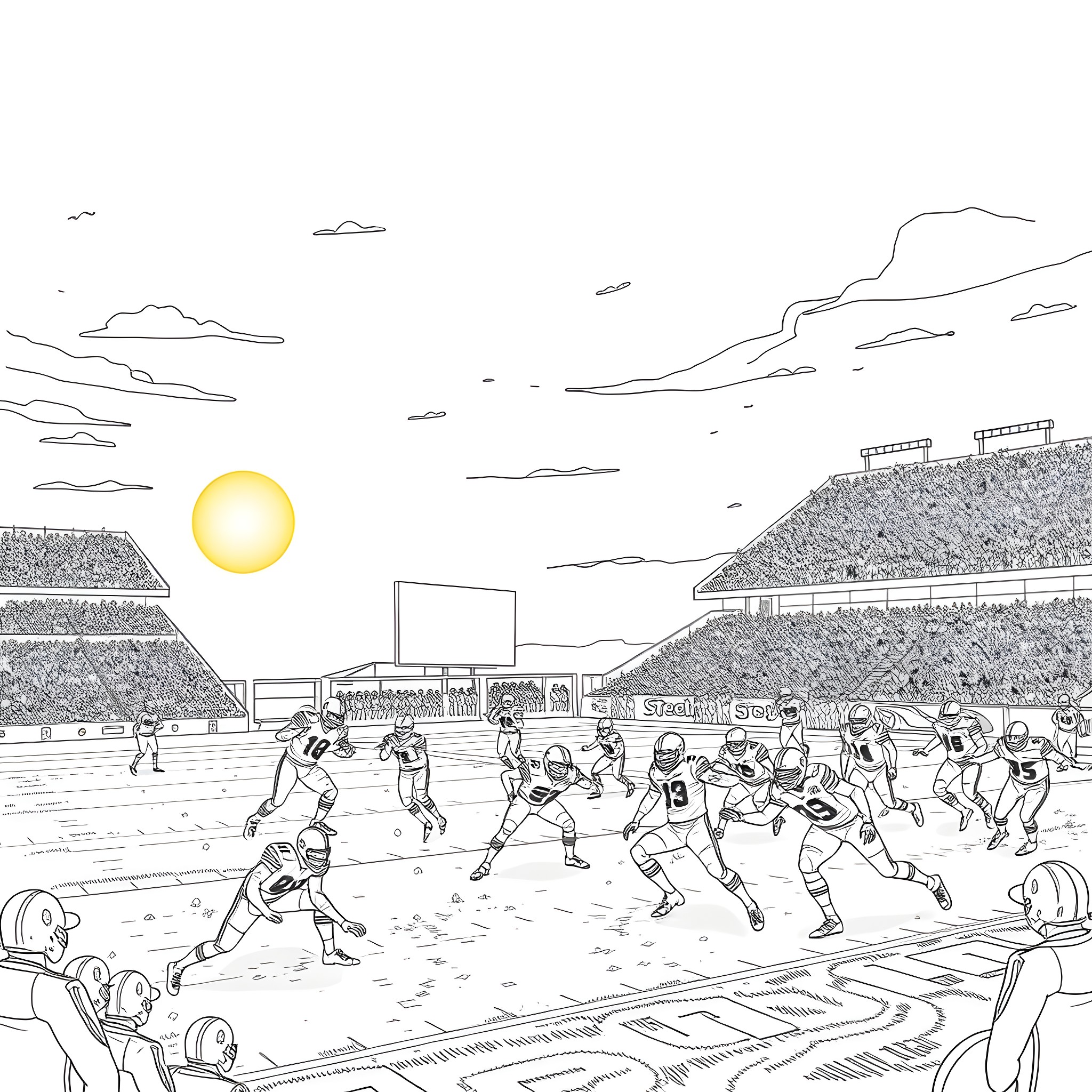 Football players competing in an intense game under the sun Coloring Page (free black-and-white line drawing printable PDF for all, from beginners to advanced learners, including children, teens, adults, and seniors)