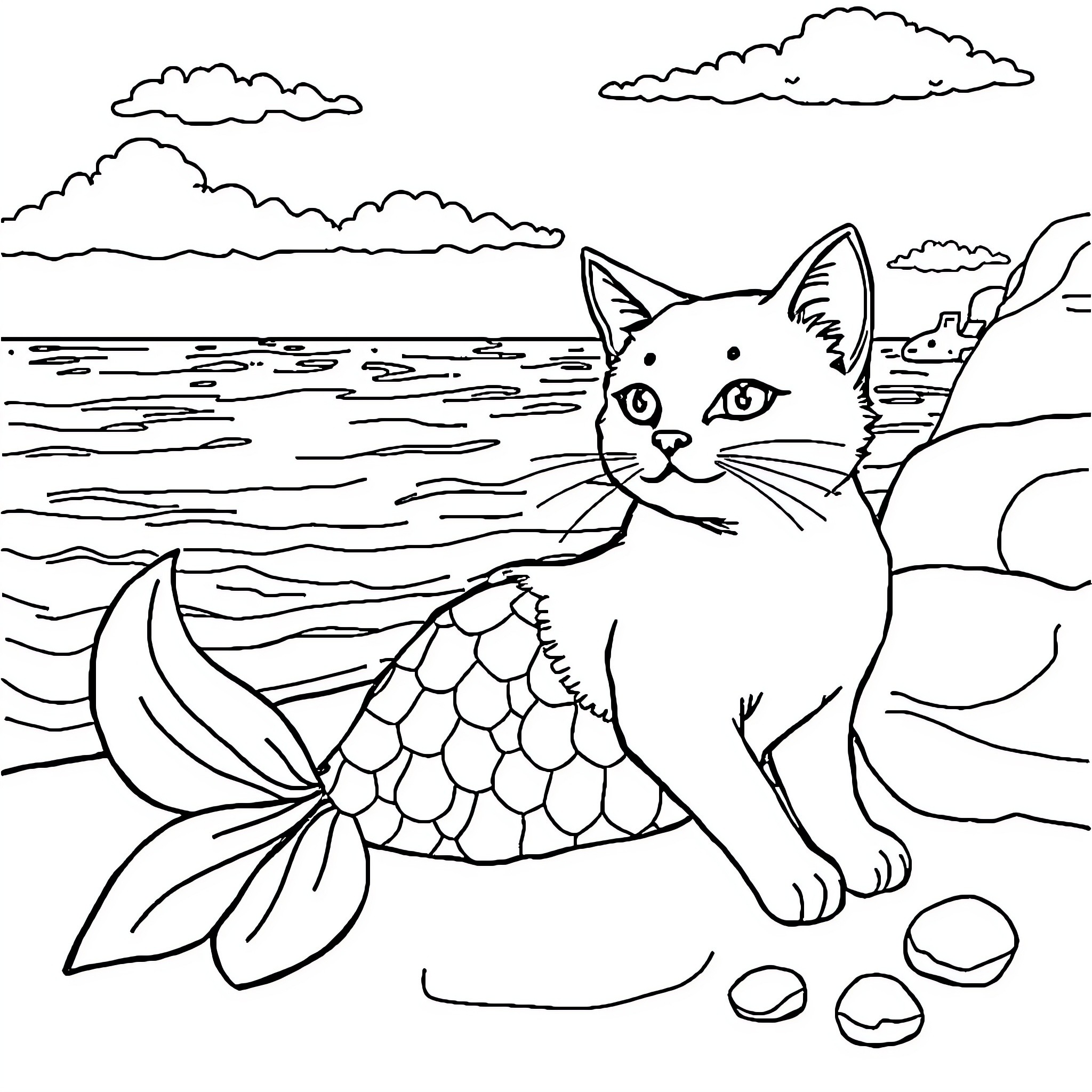 Mermaid Cat enjoying the beach Coloring Page (free black-and-white line drawing printable PDF for all, from beginners to advanced learners, including children, teens, adults, and seniors)