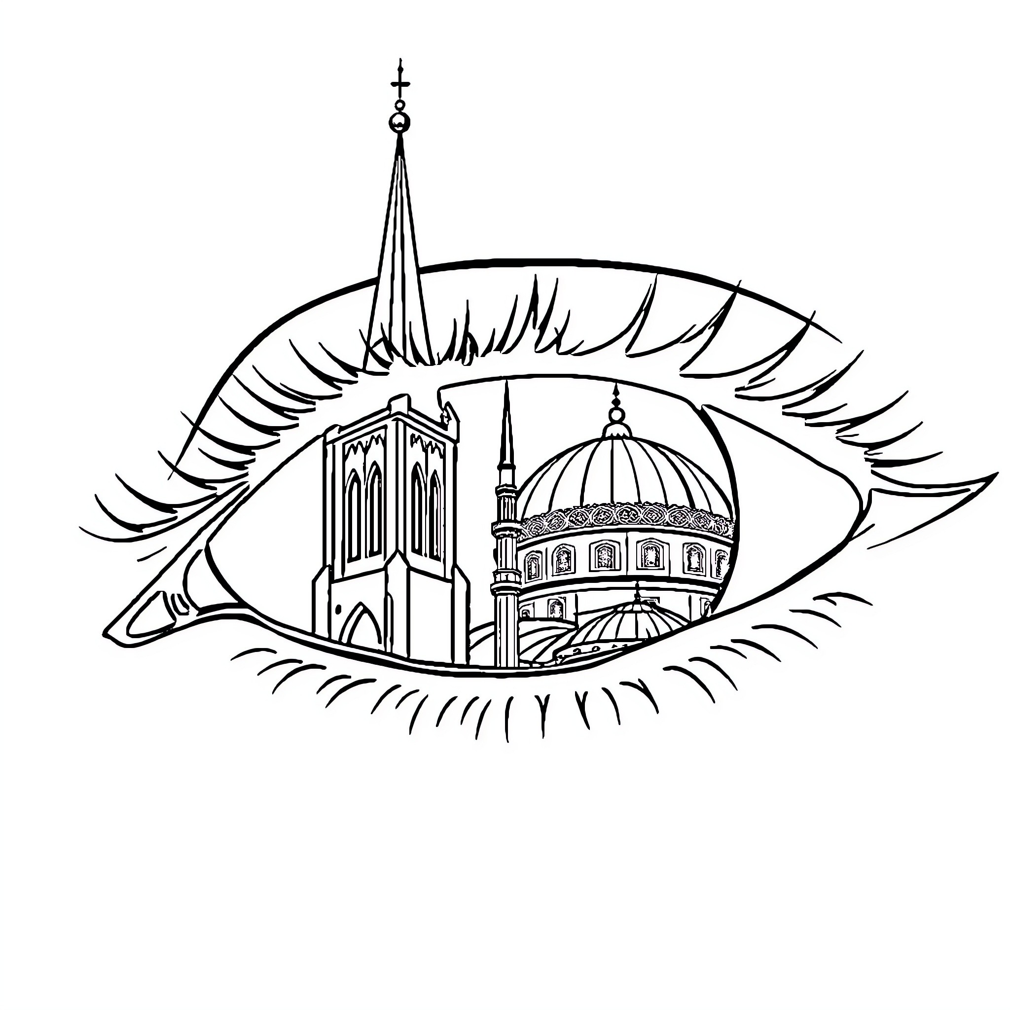 Eye seeing architectural landmarks Coloring Page (free black-and-white line drawing printable PDF for all, from beginners to advanced learners, including children, teens, adults, and seniors)