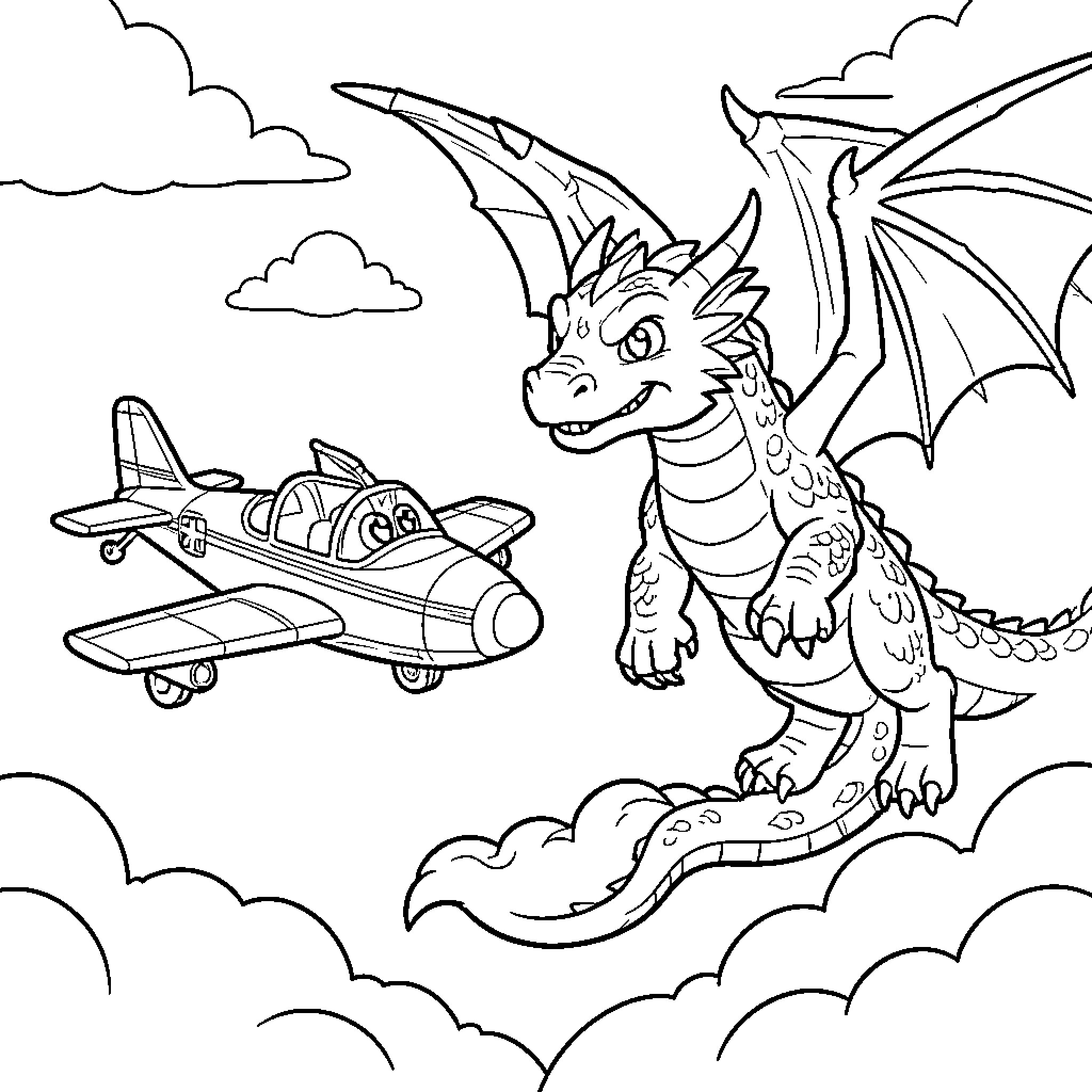 Avión encounter with a friendly flying dragon in clouds Coloring Page (free black-and-white line drawing printable PDF for all, from beginners to advanced learners, including children, teens, adults, and seniors)