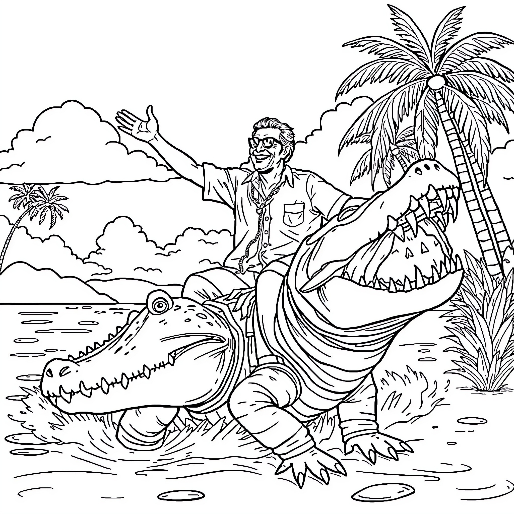 Jimmy Buffett's Tropical Adventure with Alligator Coloring Page (free black-and-white line drawing printable PDF for all, from beginners to advanced learners, including children, teens, adults, and seniors)