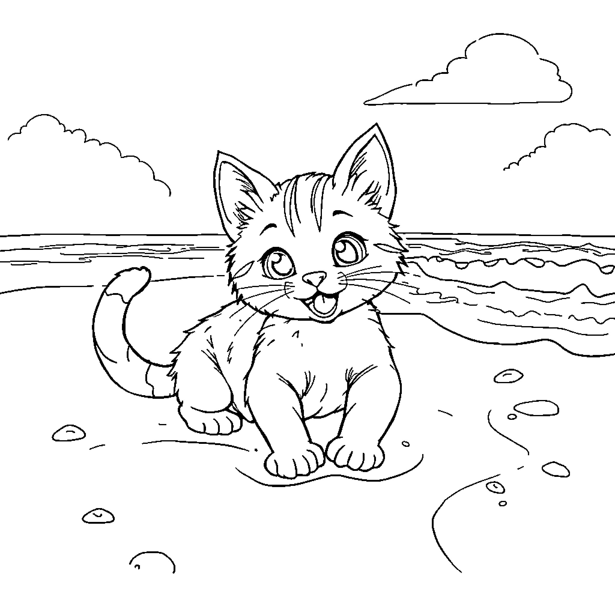 Cat exploring the beach by the sea Coloring Page (free black-and-white line drawing printable PDF for all, from beginners to advanced learners, including children, teens, adults, and seniors)