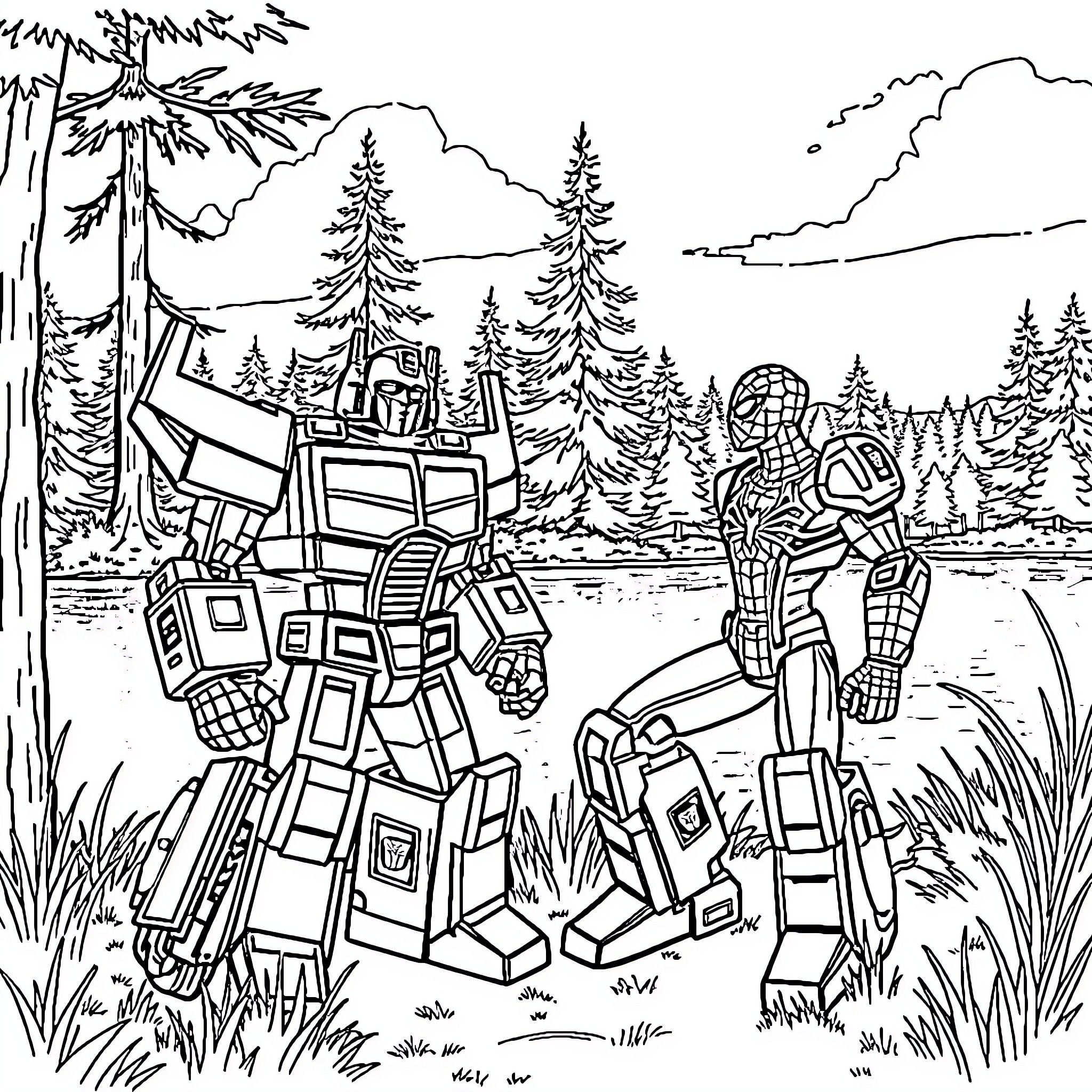 Transformer Robots Battling in Wilderness Landscape Coloring Page (free black-and-white line drawing printable PDF for all, from beginners to advanced learners, including children, teens, adults, and seniors)