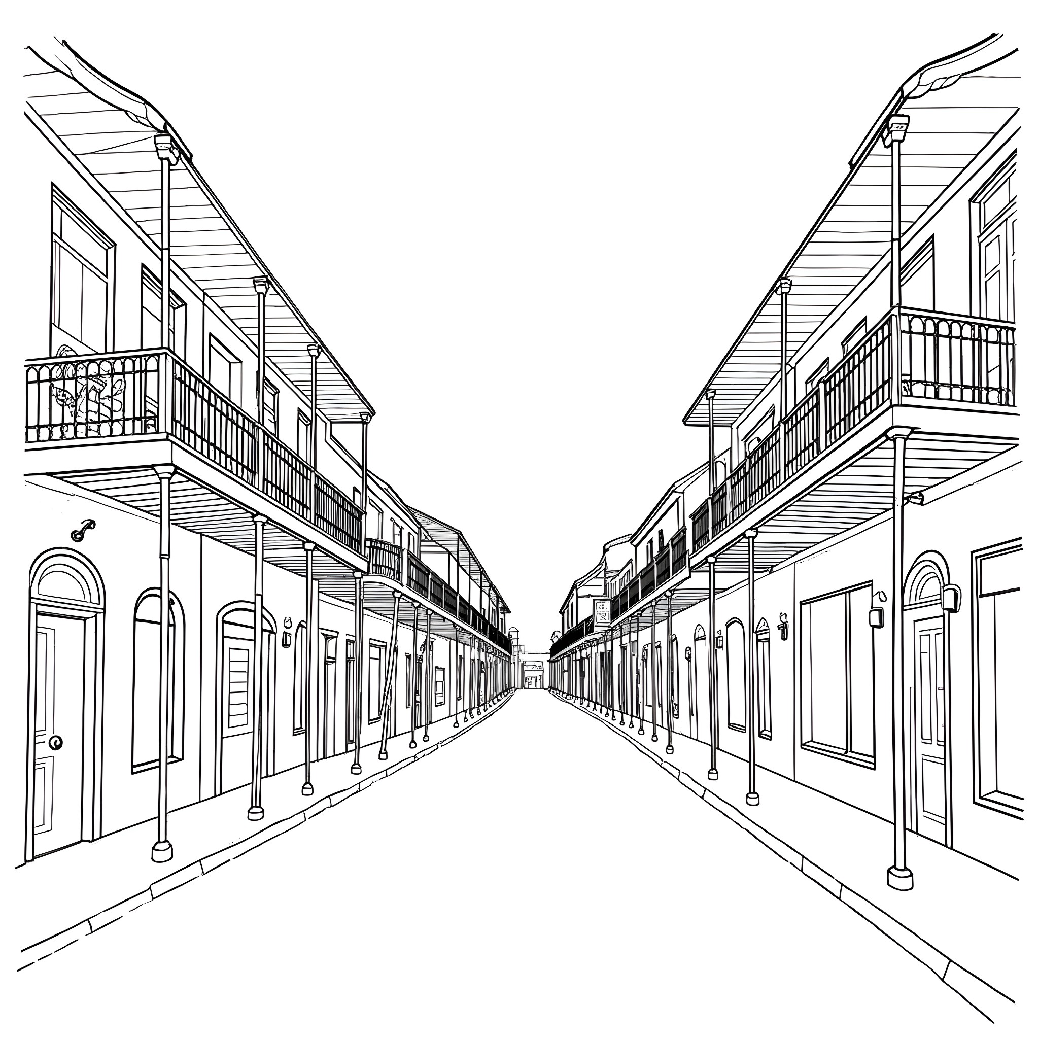 Bourbon Street: Historic Architecture and Balconies Coloring Page (free black-and-white line drawing printable PDF for all, from beginners to advanced learners, including children, teens, adults, and seniors)