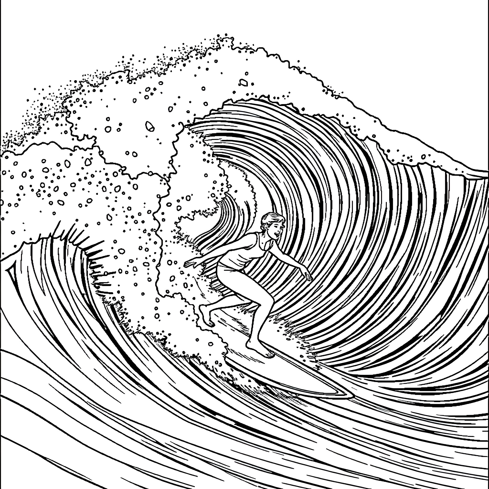 Switch surfing through towering waves Coloring Page (free black-and-white line drawing printable PDF for all, from beginners to advanced learners, including children, teens, adults, and seniors)