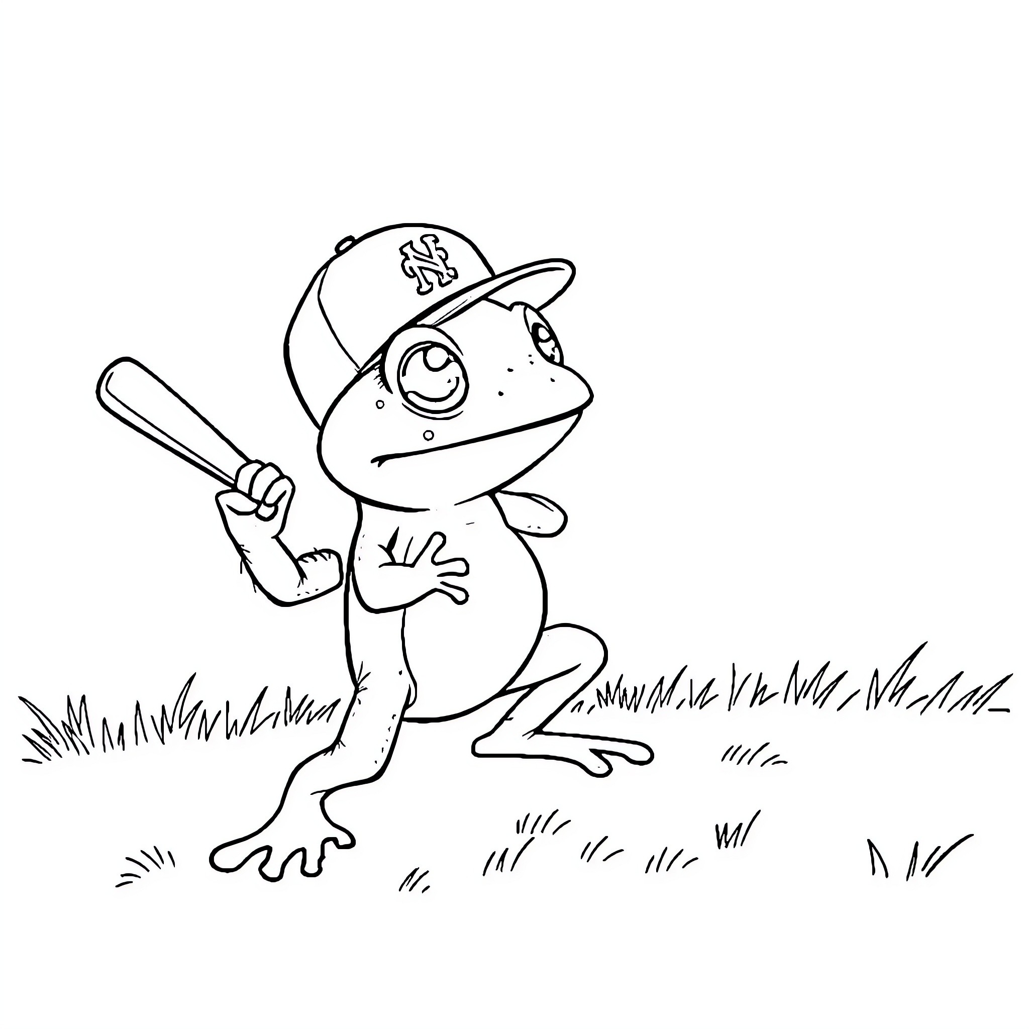 Frog playing baseball on the field Coloring Page (free black-and-white line drawing printable PDF for all, from beginners to advanced learners, including children, teens, adults, and seniors)
