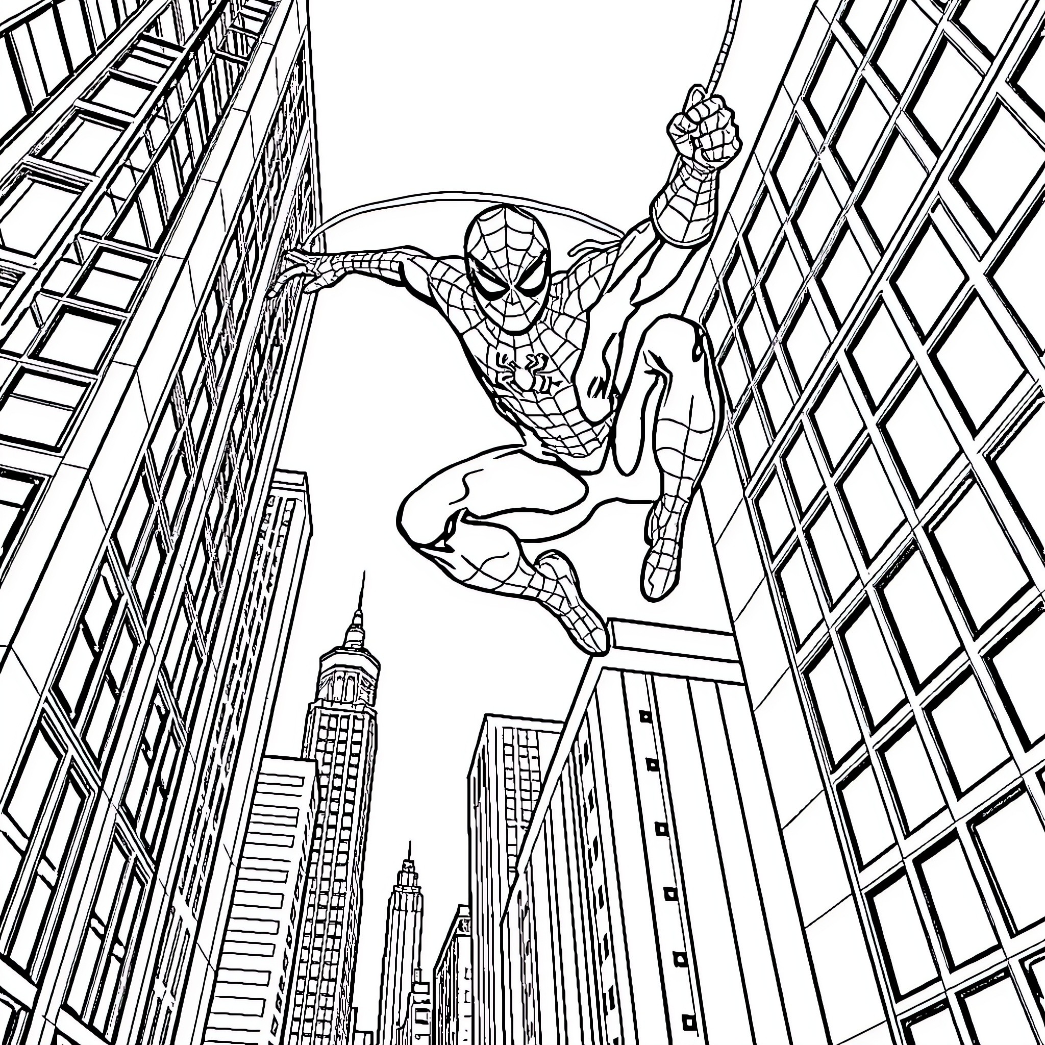 Spider Hero Swinging Through The Cityscape Coloring Page (free black-and-white line drawing printable PDF for all, from beginners to advanced learners, including children, teens, adults, and seniors)