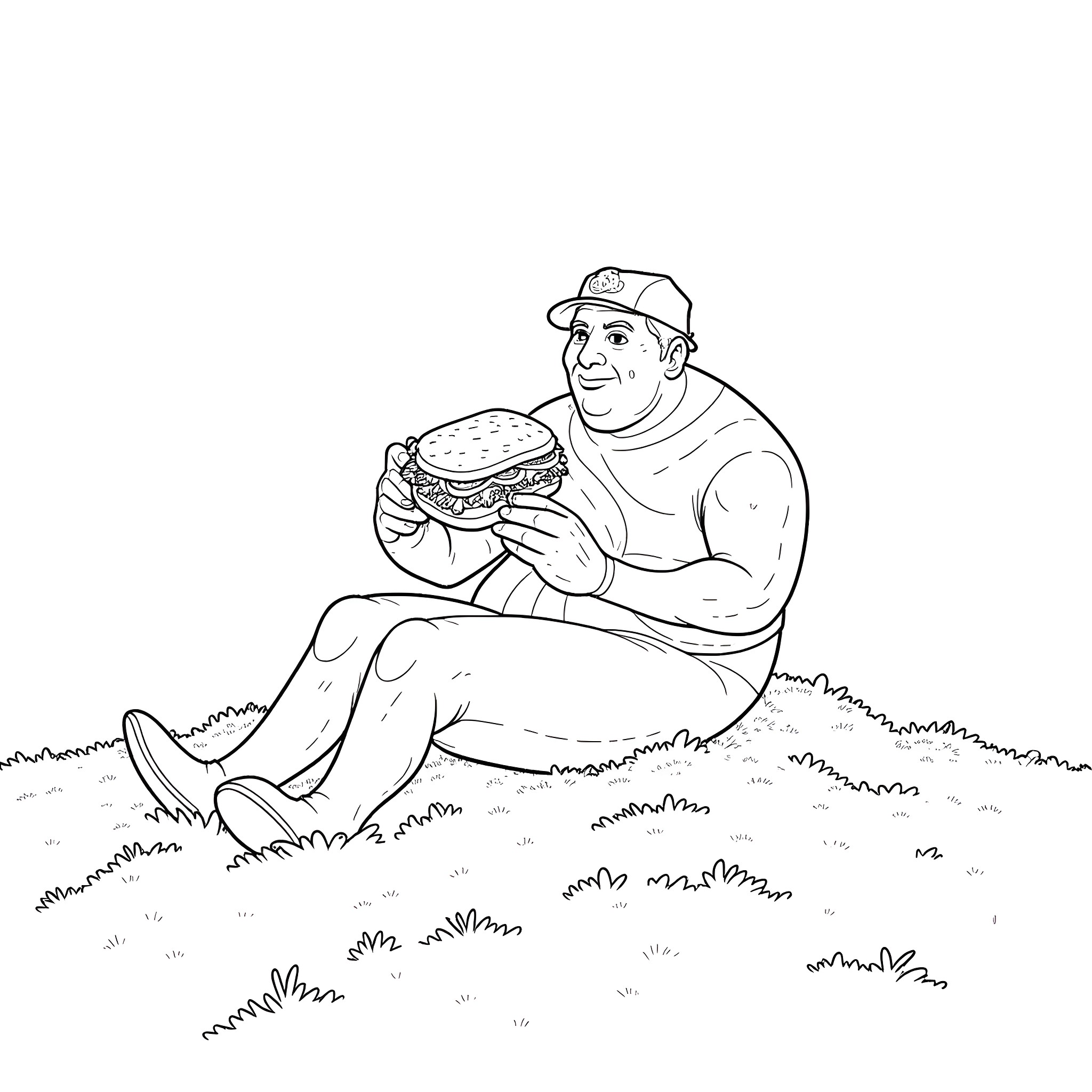 Giant Man Enjoys Hearty Burger Outdoors Coloring Page (free black-and-white line drawing printable PDF for all, from beginners to advanced learners, including children, teens, adults, and seniors)