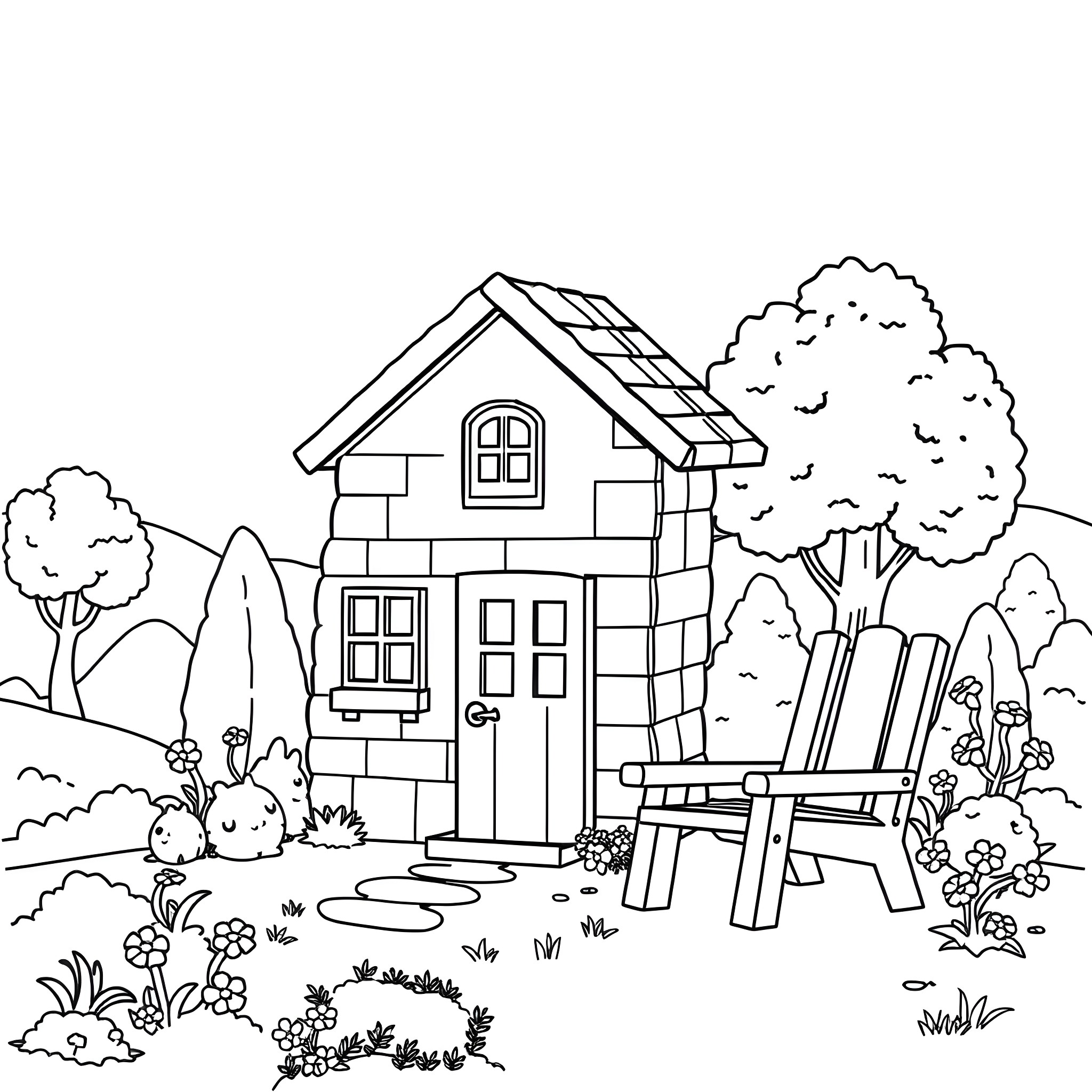 Minecraft house and garden with outdoor furniture Coloring Page (free black-and-white line drawing printable PDF for all, from beginners to advanced learners, including children, teens, adults, and seniors)