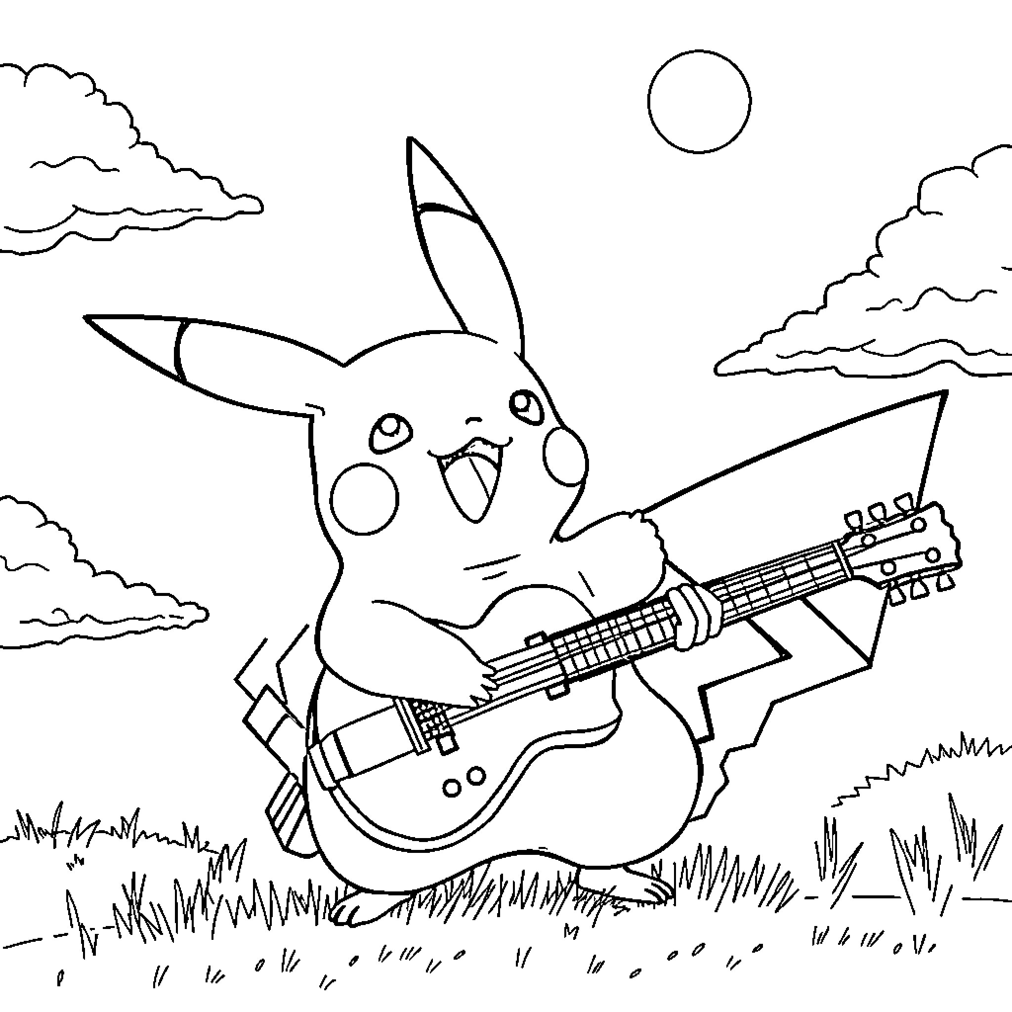 Pikachu playing guitar in a field Coloring Page (free black-and-white line drawing printable PDF for all, from beginners to advanced learners, including children, teens, adults, and seniors)