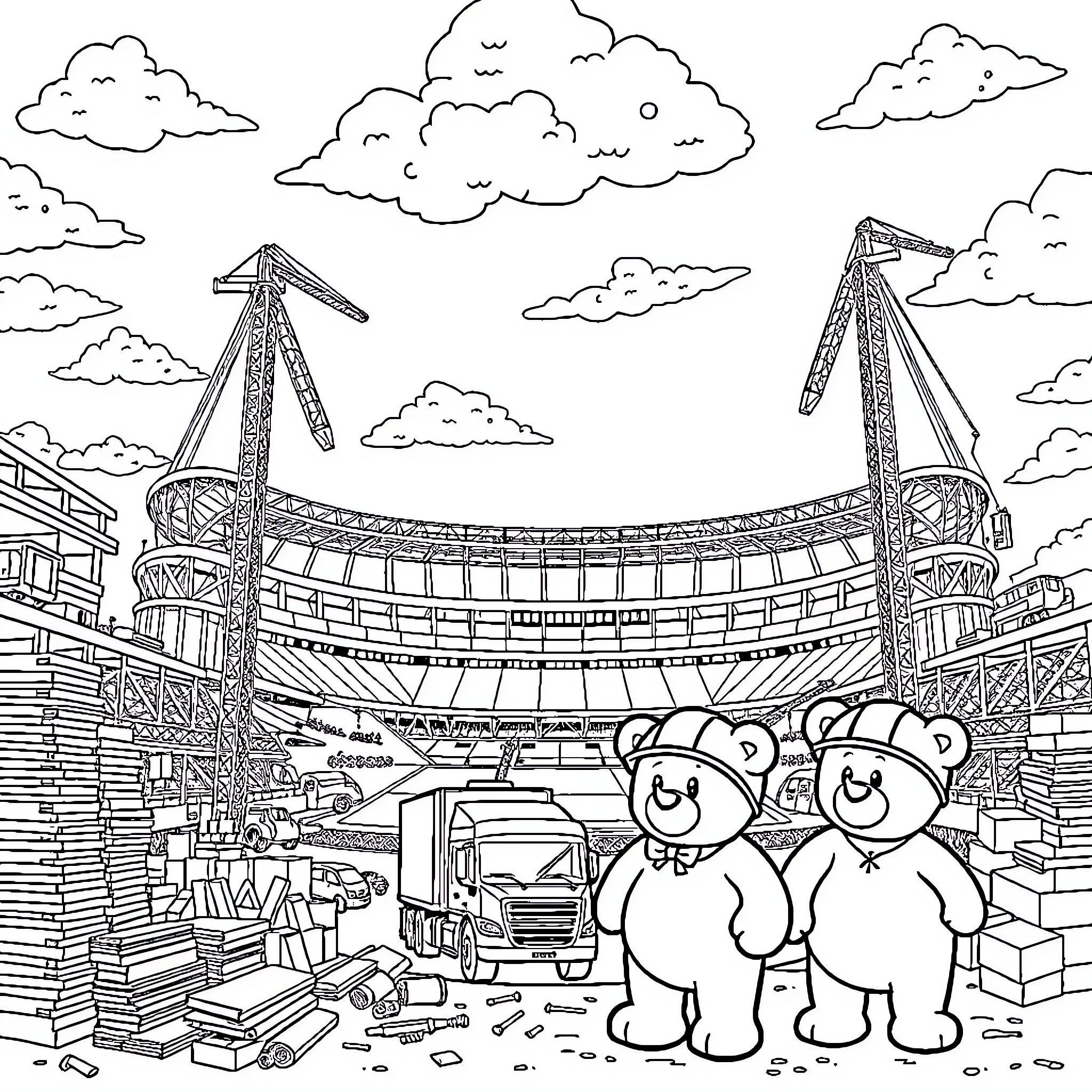 Teddy Bears at a Construction Site Coloring Page (free black-and-white line drawing printable PDF for all, from beginners to advanced learners, including children, teens, adults, and seniors)