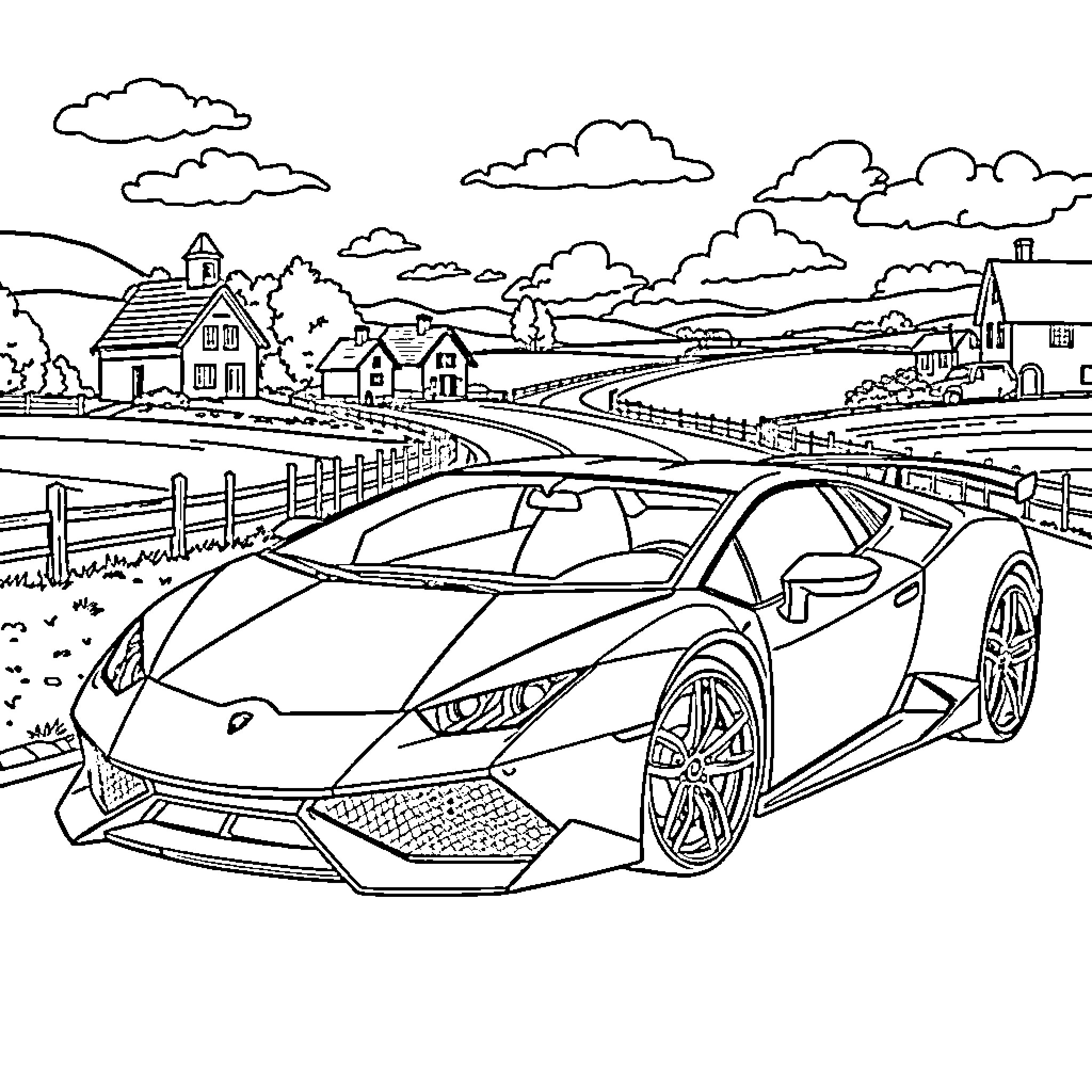 Lamborghini sports car in a rural landscape Coloring Page (free black-and-white line drawing printable PDF for all, from beginners to advanced learners, including children, teens, adults, and seniors)